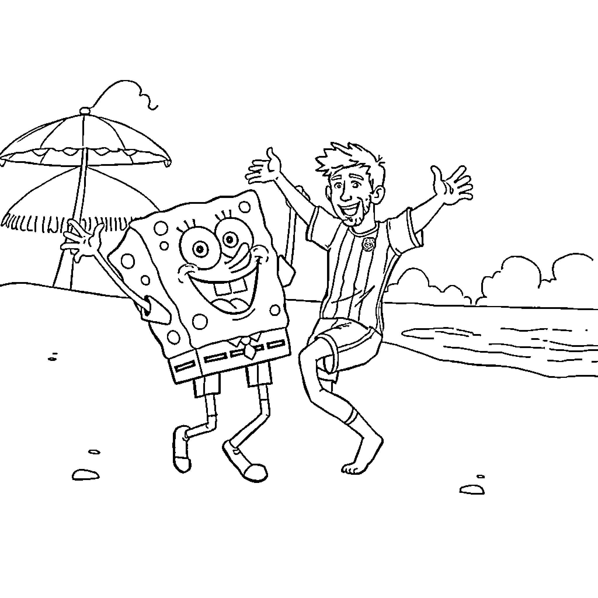 Spongebob and his friend enjoying the outdoors Coloring Page (free black-and-white line drawing printable PDF for all, from beginners to advanced learners, including children, teens, adults, and seniors)