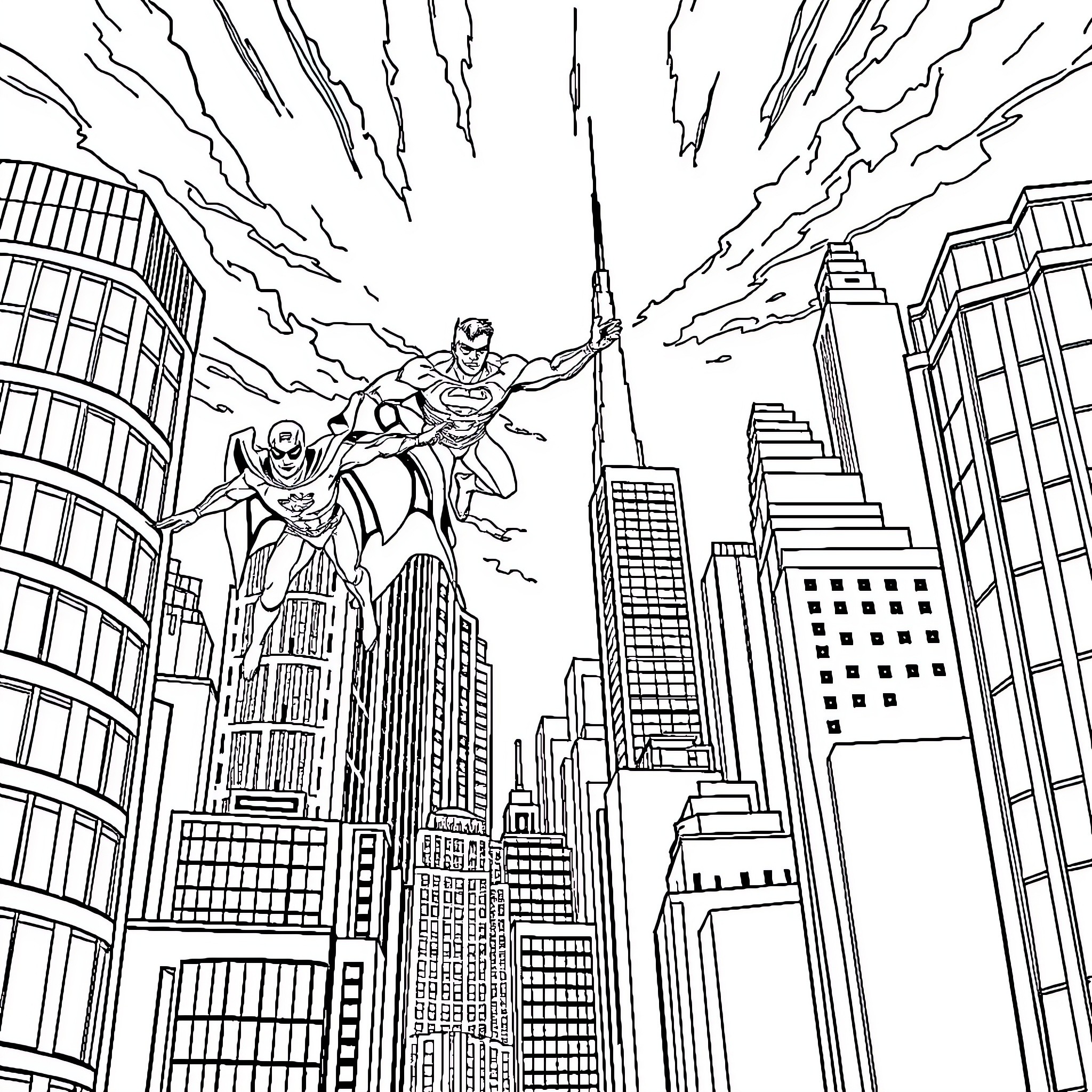 Superhero soaring over cityscape Coloring Page (free black-and-white line drawing printable PDF for all, from beginners to advanced learners, including children, teens, adults, and seniors)