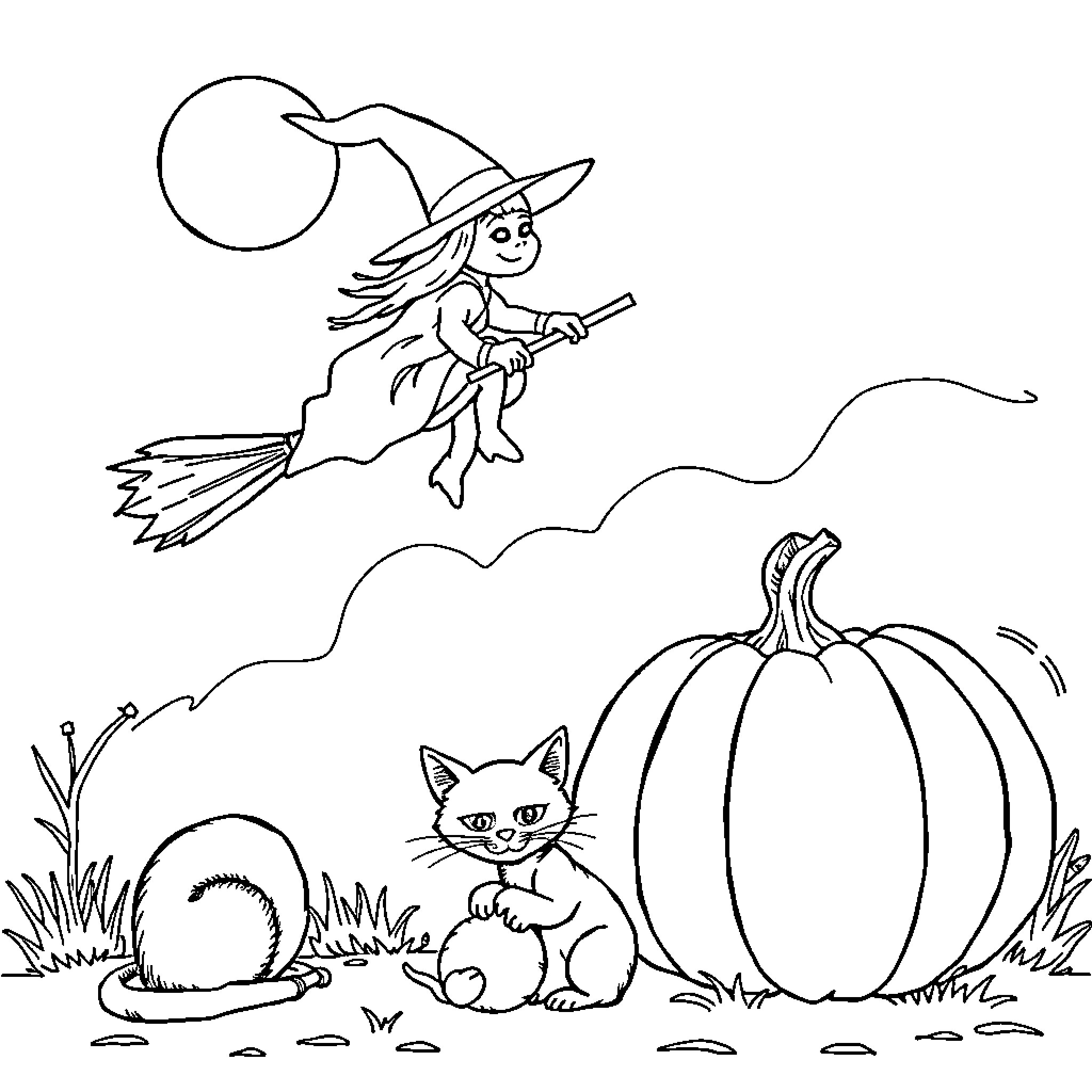Witch riding broom with cat and pumpkin Coloring Page (free black-and-white line drawing printable PDF for all, from beginners to advanced learners, including children, teens, adults, and seniors)