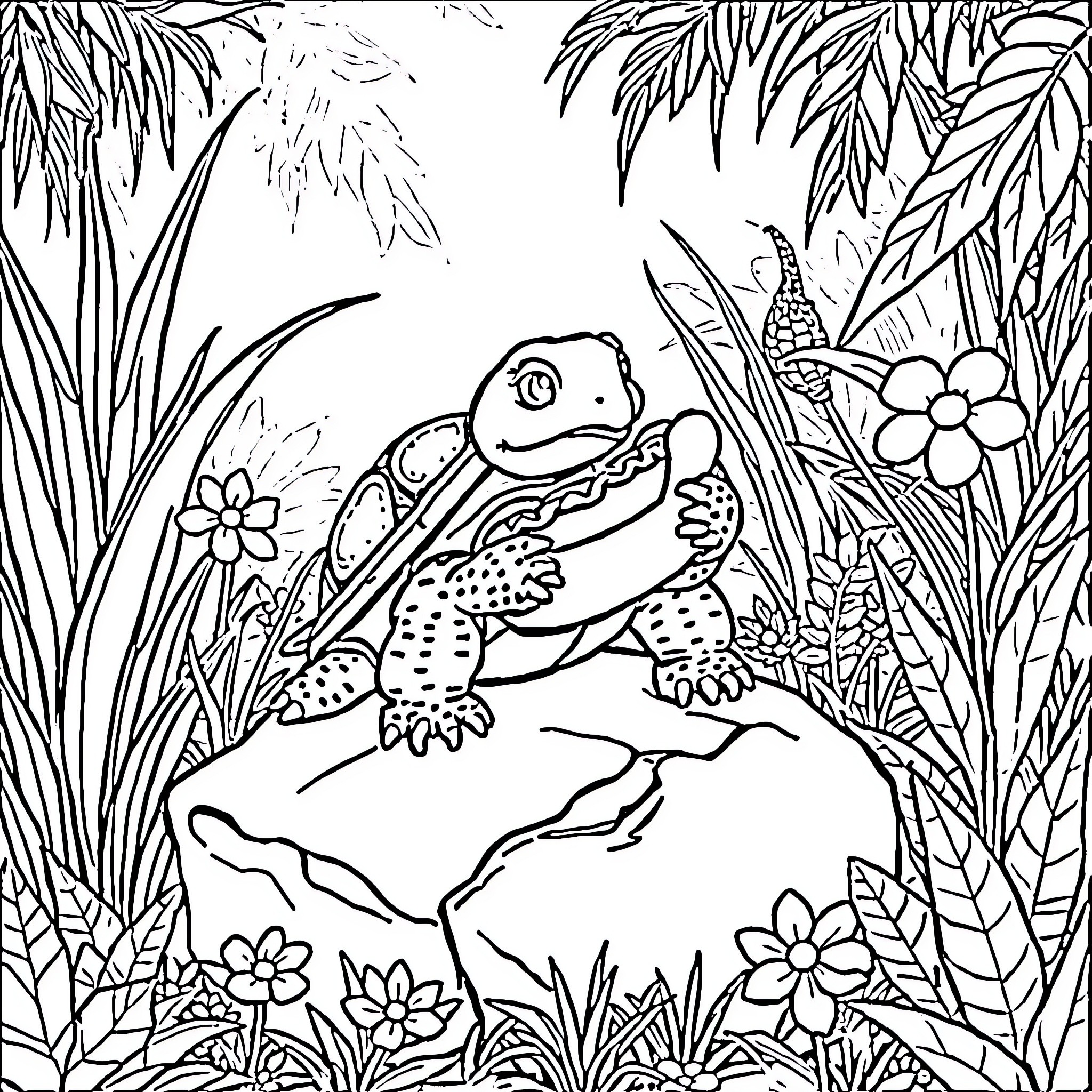 Turtle enjoying the tropical foliage Coloring Page (free black-and-white line drawing printable PDF for all, from beginners to advanced learners, including children, teens, adults, and seniors)