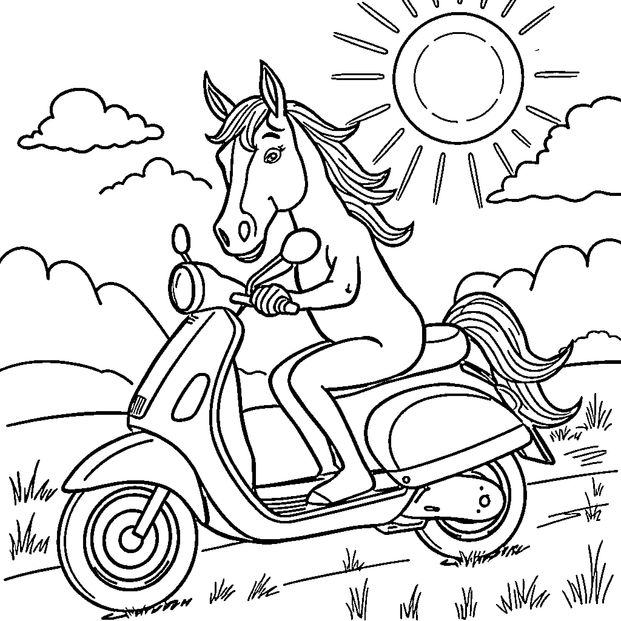 Horse riding scooter in sunny meadow Coloring Page (free black-and-white line drawing printable PDF for all, from beginners to advanced learners, including children, teens, adults, and seniors)