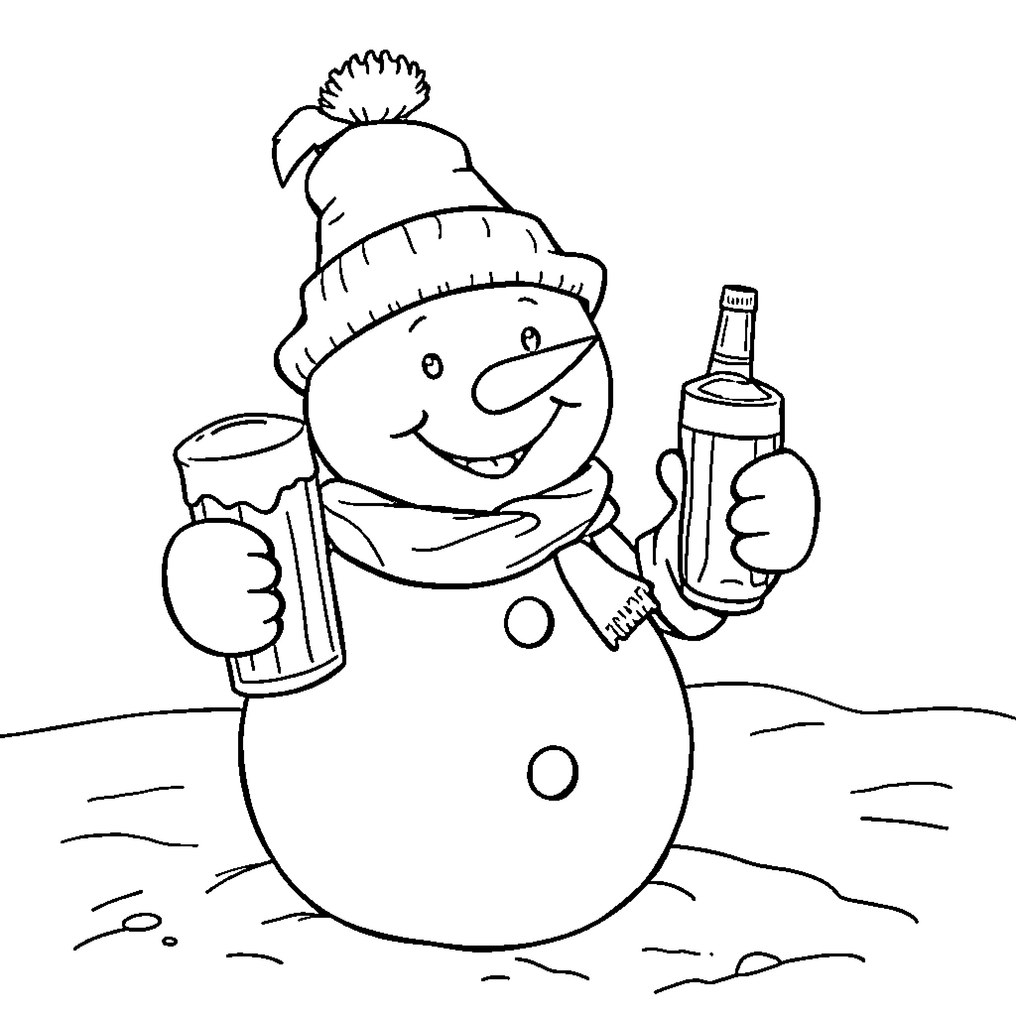 Snowman enjoying winter with hot beverage Coloring Page (free black-and-white line drawing printable PDF for all, from beginners to advanced learners, including children, teens, adults, and seniors)