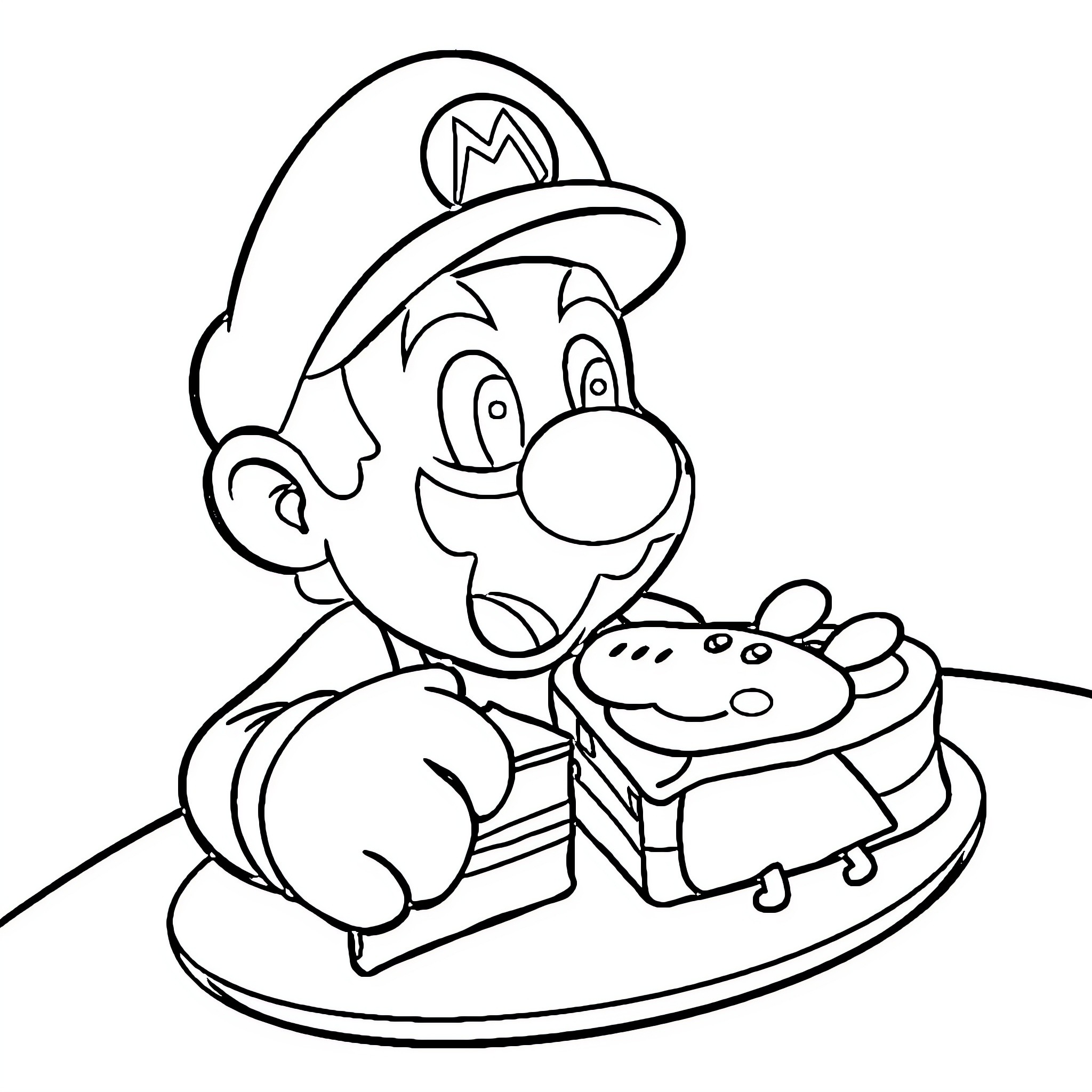 Mario Holding a Plate of Food Coloring Page (free black-and-white line drawing printable PDF for all, from beginners to advanced learners, including children, teens, adults, and seniors)