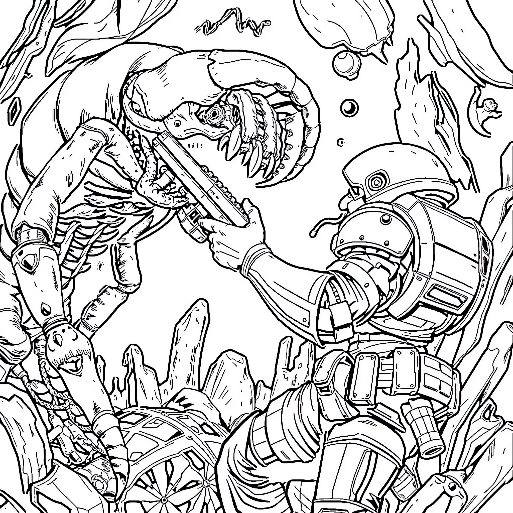 Gordon Freeman's underwater encounter with alien creatures Coloring Page (free black-and-white line drawing printable PDF for all, from beginners to advanced learners, including children, teens, adults, and seniors)