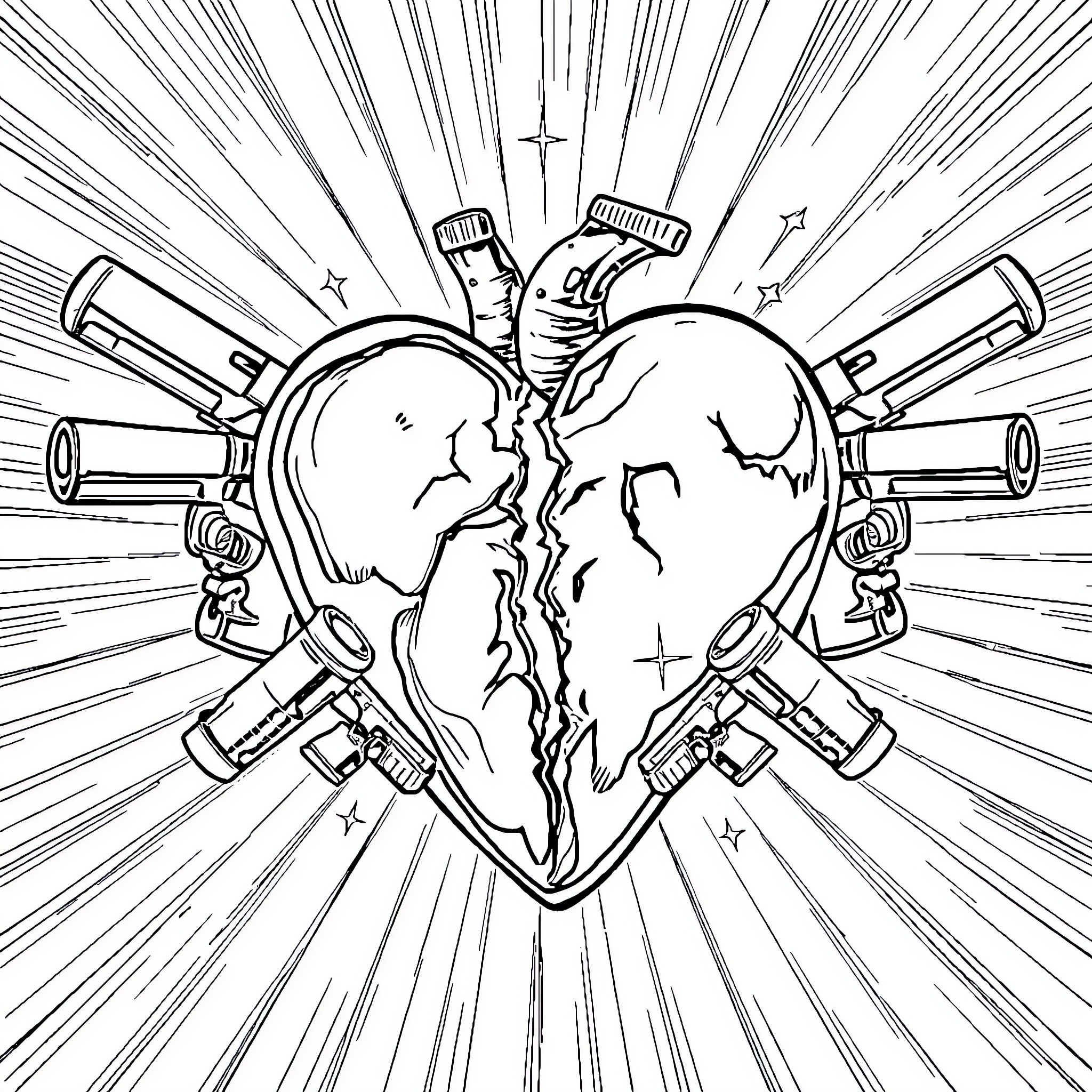 Broken Heart Torn Apart by Guns and Conflict Coloring Page (free black-and-white line drawing printable PDF for all, from beginners to advanced learners, including children, teens, adults, and seniors)