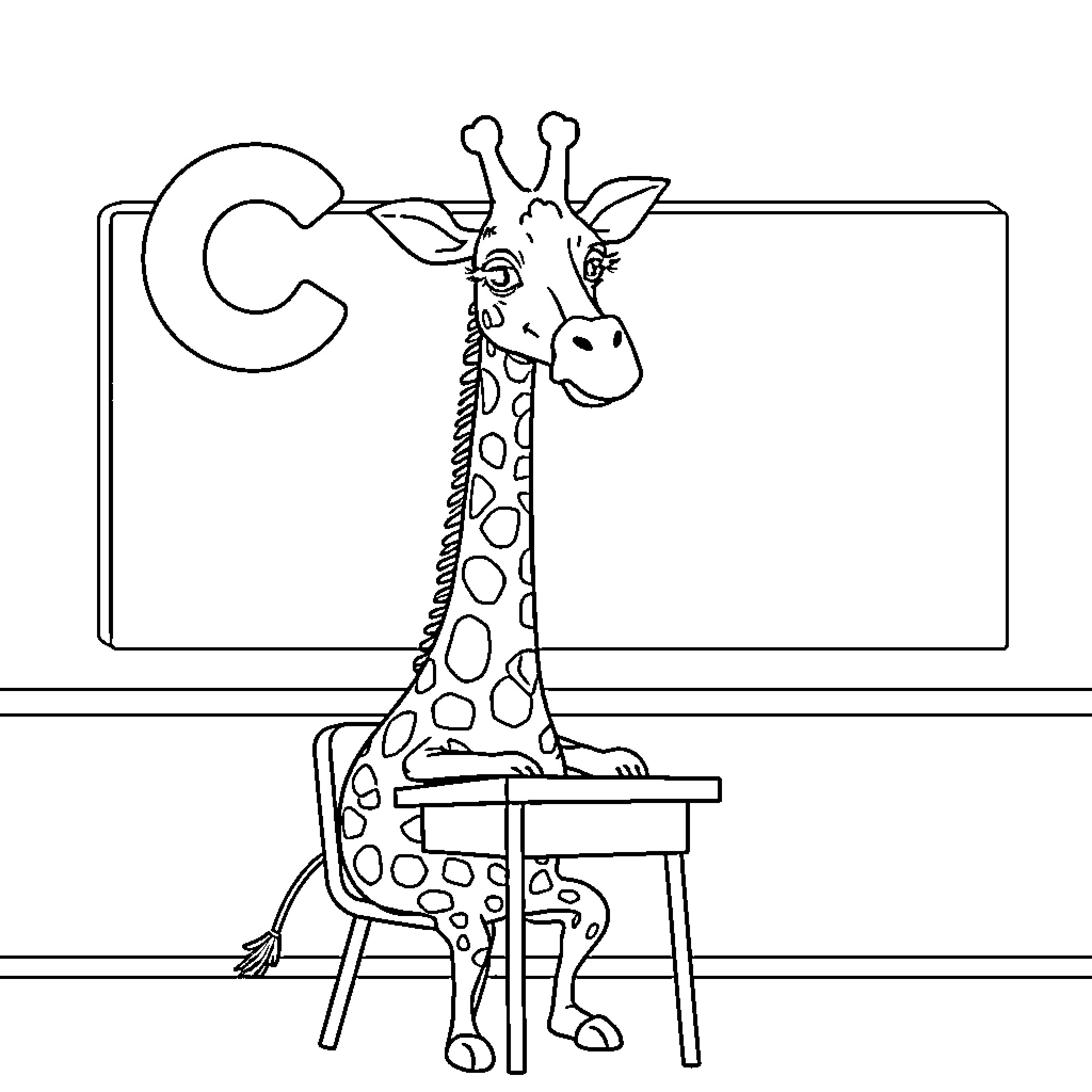 Giraffe sitting at a school desk Coloring Page (free black-and-white line drawing printable PDF for all, from beginners to advanced learners, including children, teens, adults, and seniors)