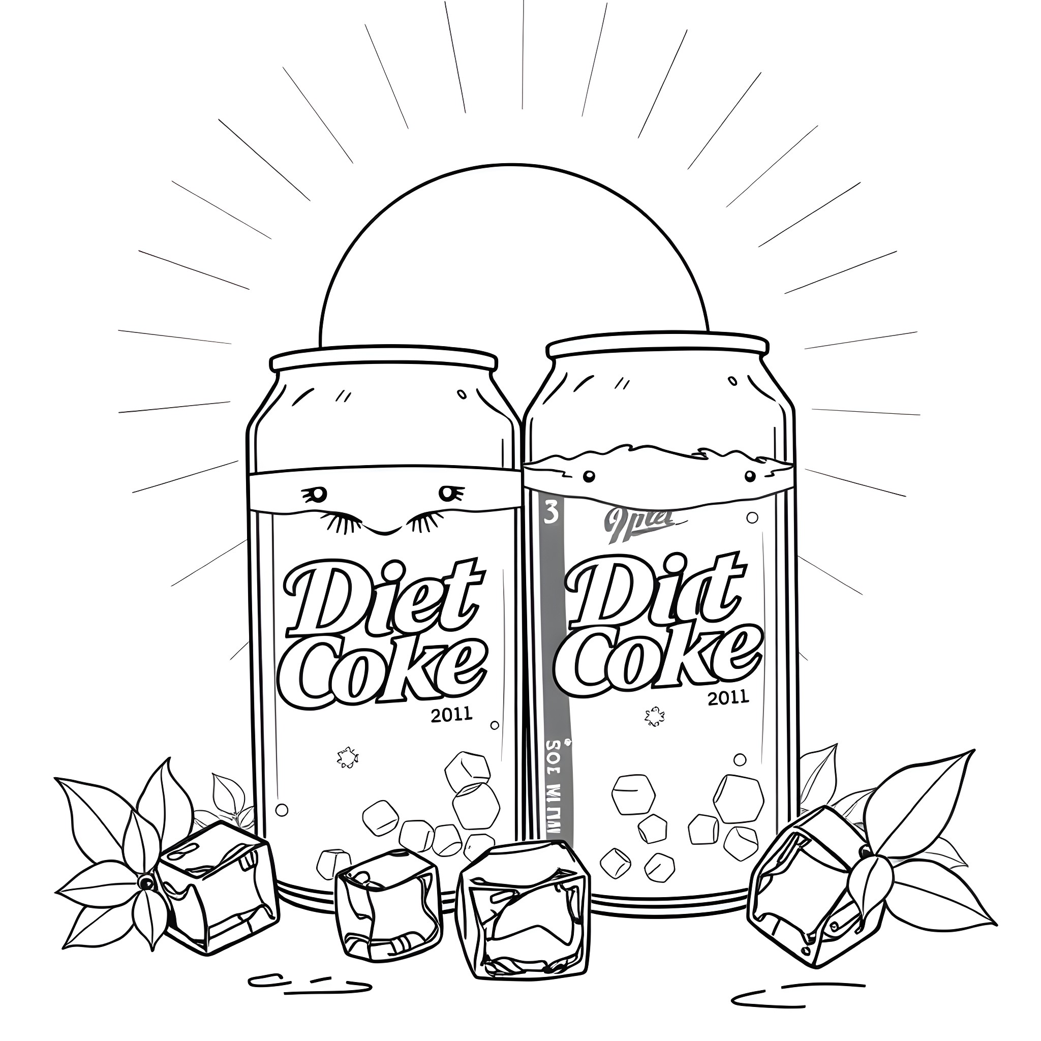 Diet Coke cans and ice cubes with sun rays Coloring Page (free black-and-white line drawing printable PDF for all, from beginners to advanced learners, including children, teens, adults, and seniors)