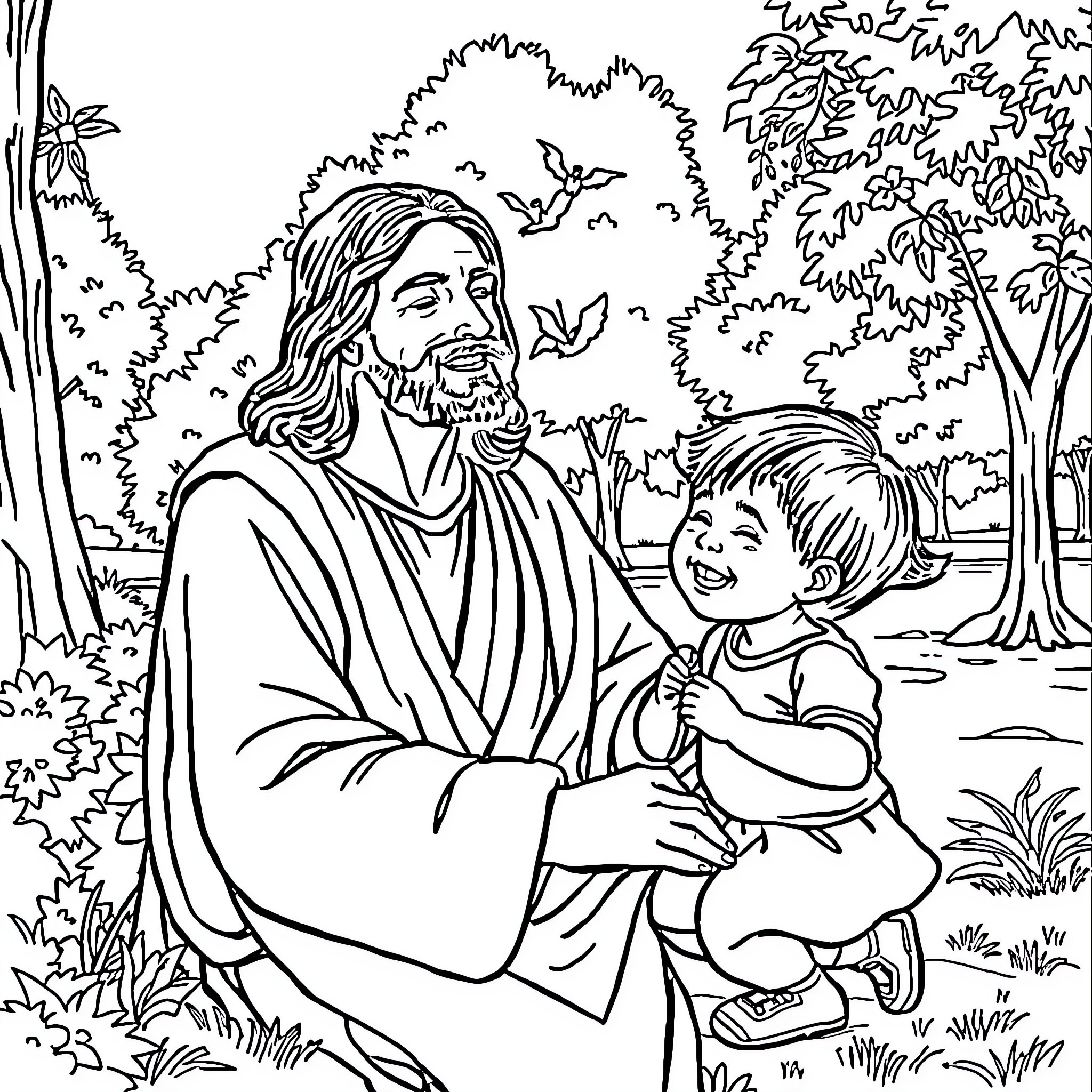 Jesucristo with a child in a serene natural setting Coloring Page (free black-and-white line drawing printable PDF for all, from beginners to advanced learners, including children, teens, adults, and seniors)