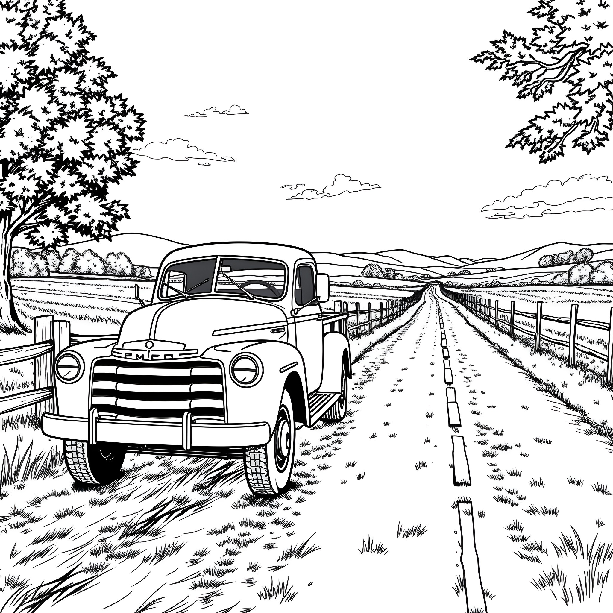 Truck parked on a country road surrounded by nature Coloring Page (free black-and-white line drawing printable PDF for all, from beginners to advanced learners, including children, teens, adults, and seniors)