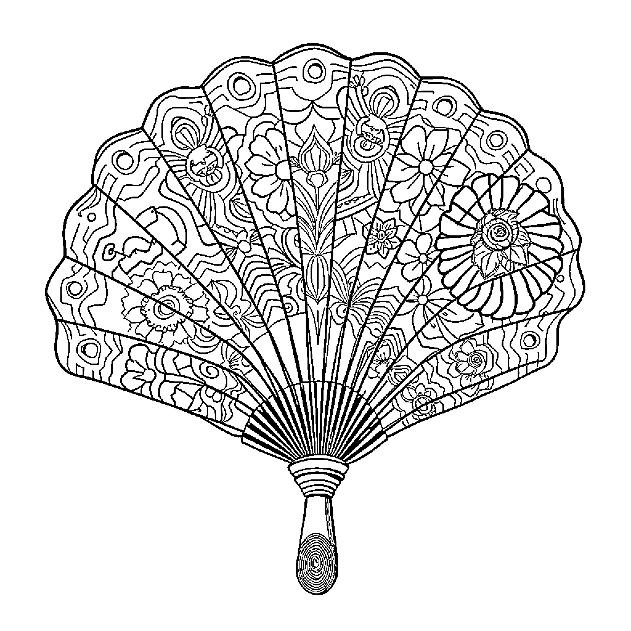 Fan with intricate floral patterns Coloring Page (free black-and-white line drawing printable PDF for all, from beginners to advanced learners, including children, teens, adults, and seniors)
