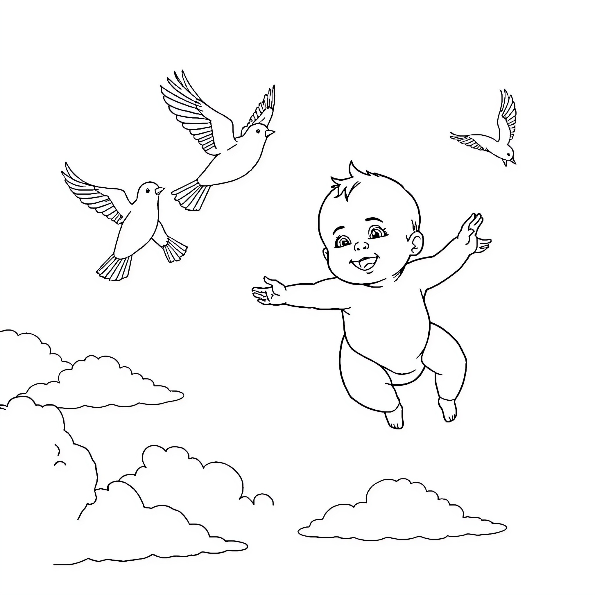 Baby playing joyfully with birds in the sky Coloring Page (free black-and-white line drawing printable PDF for all, from beginners to advanced learners, including children, teens, adults, and seniors)