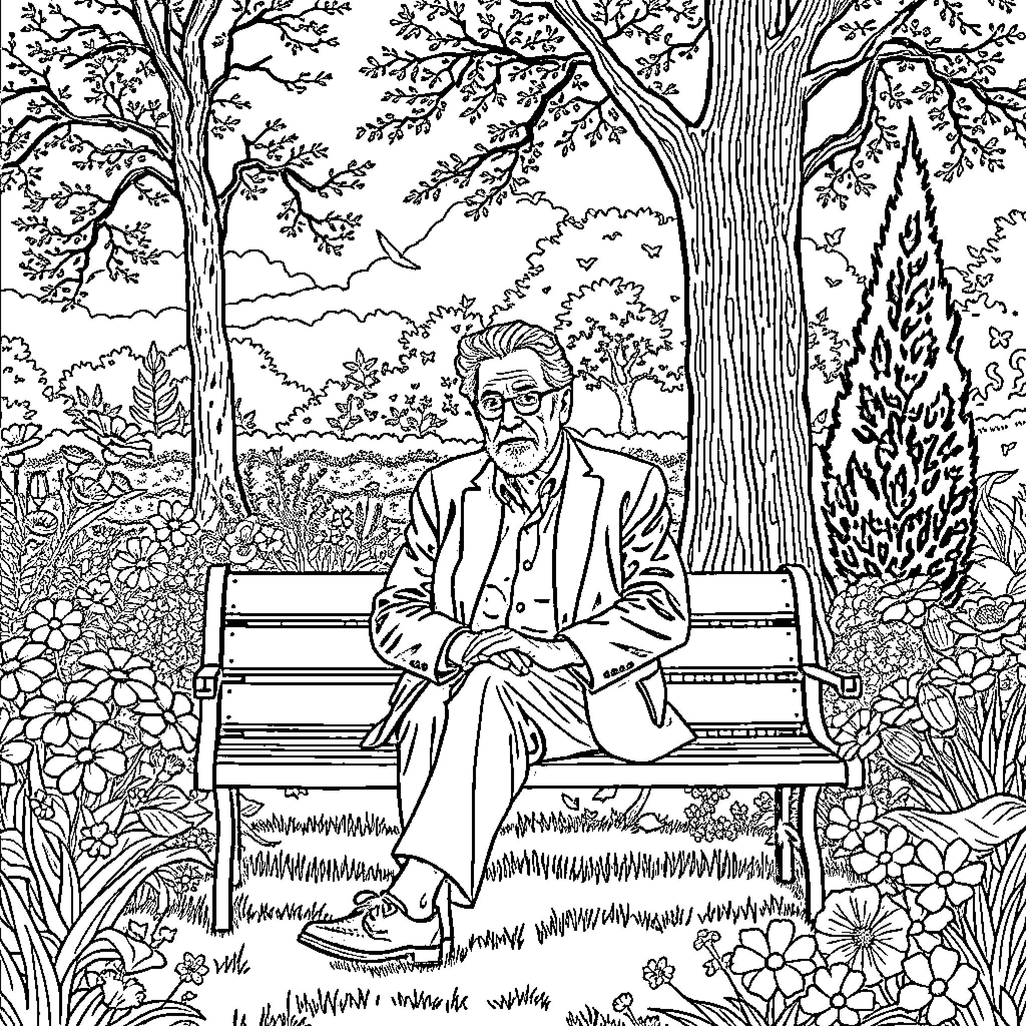 Jaques Lacan Contemplating in a Serene Landscape Coloring Page (free black-and-white line drawing printable PDF for all, from beginners to advanced learners, including children, teens, adults, and seniors)