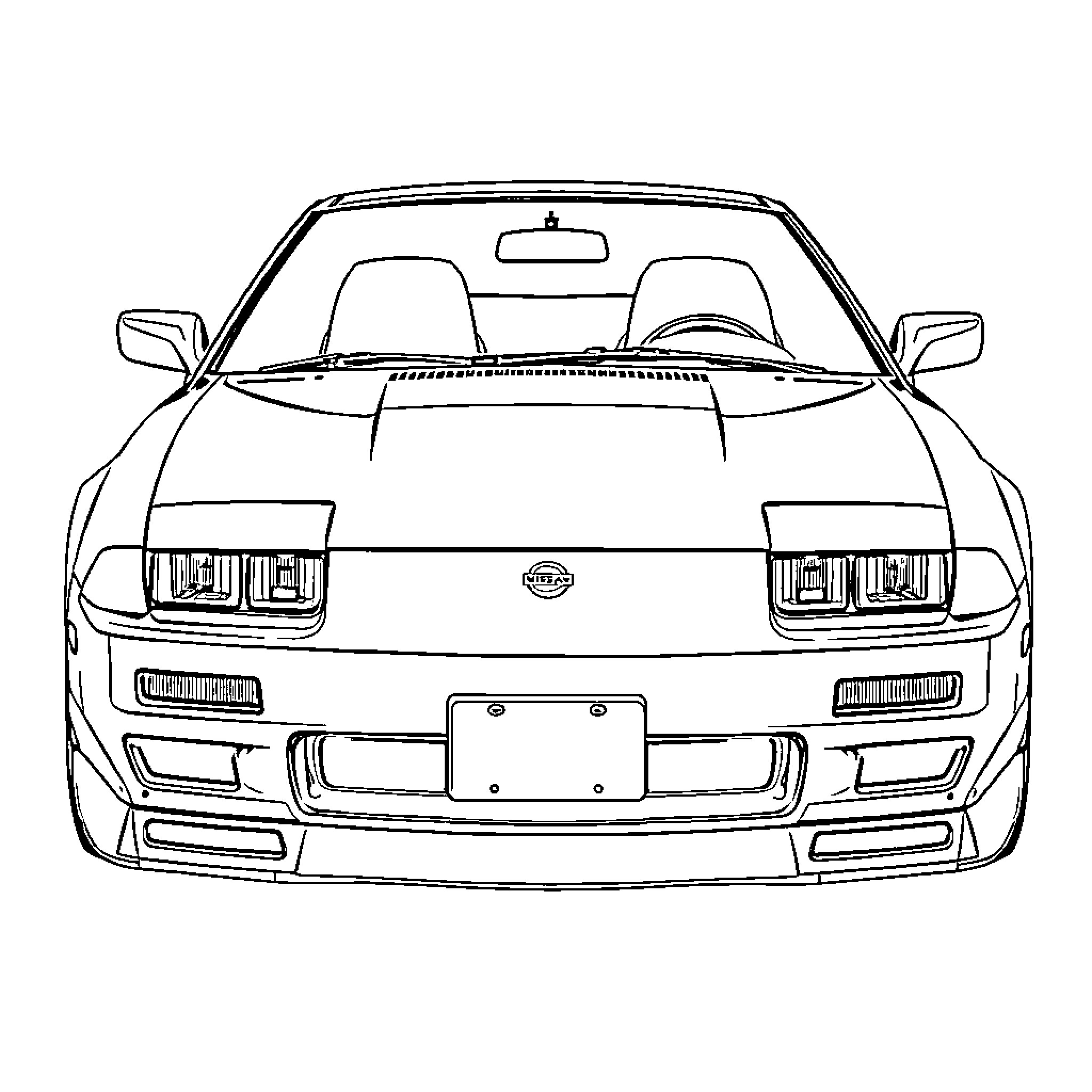 Nissan 240sx sports car on display Coloring Page (free black-and-white line drawing printable PDF for all, from beginners to advanced learners, including children, teens, adults, and seniors)