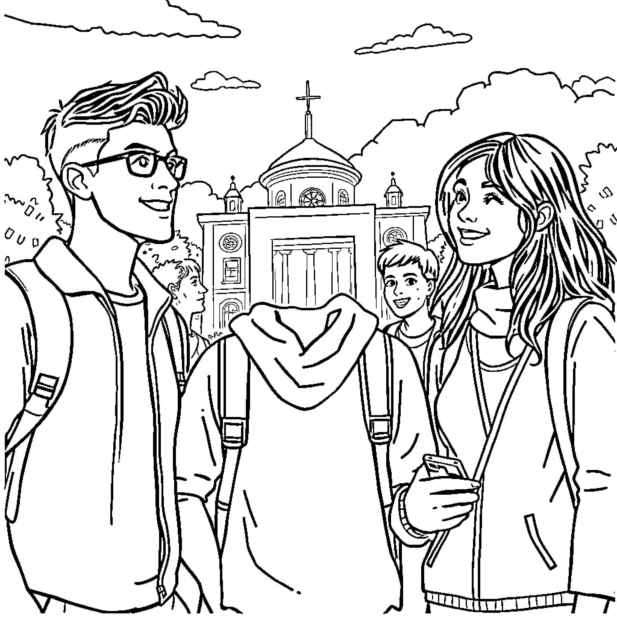 Avatar of a family standing in front of a church Coloring Page (free black-and-white line drawing printable PDF for all, from beginners to advanced learners, including children, teens, adults, and seniors)