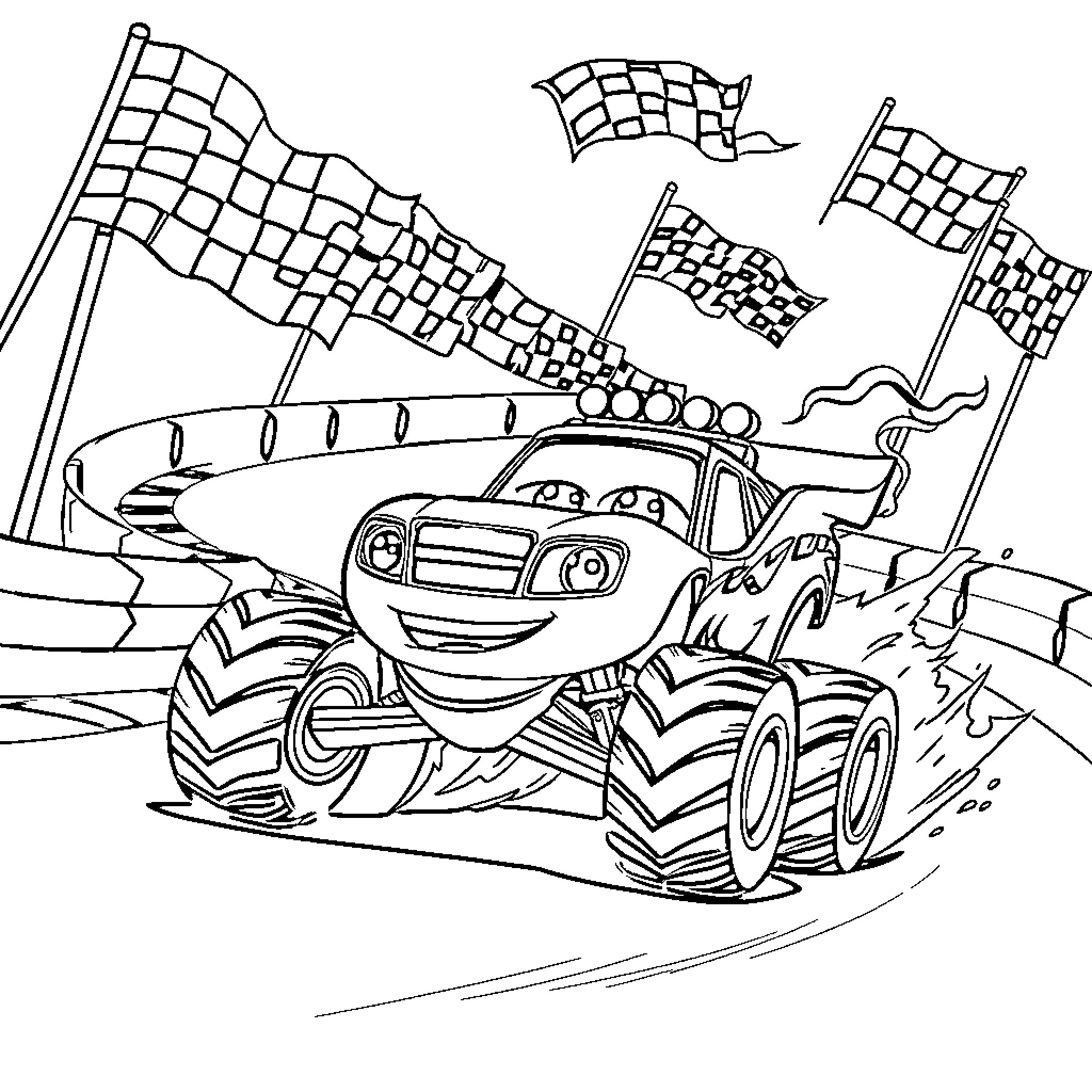 Blaze Racing Across Checkered Flags Coloring Page (free black-and-white line drawing printable PDF for all, from beginners to advanced learners, including children, teens, adults, and seniors)