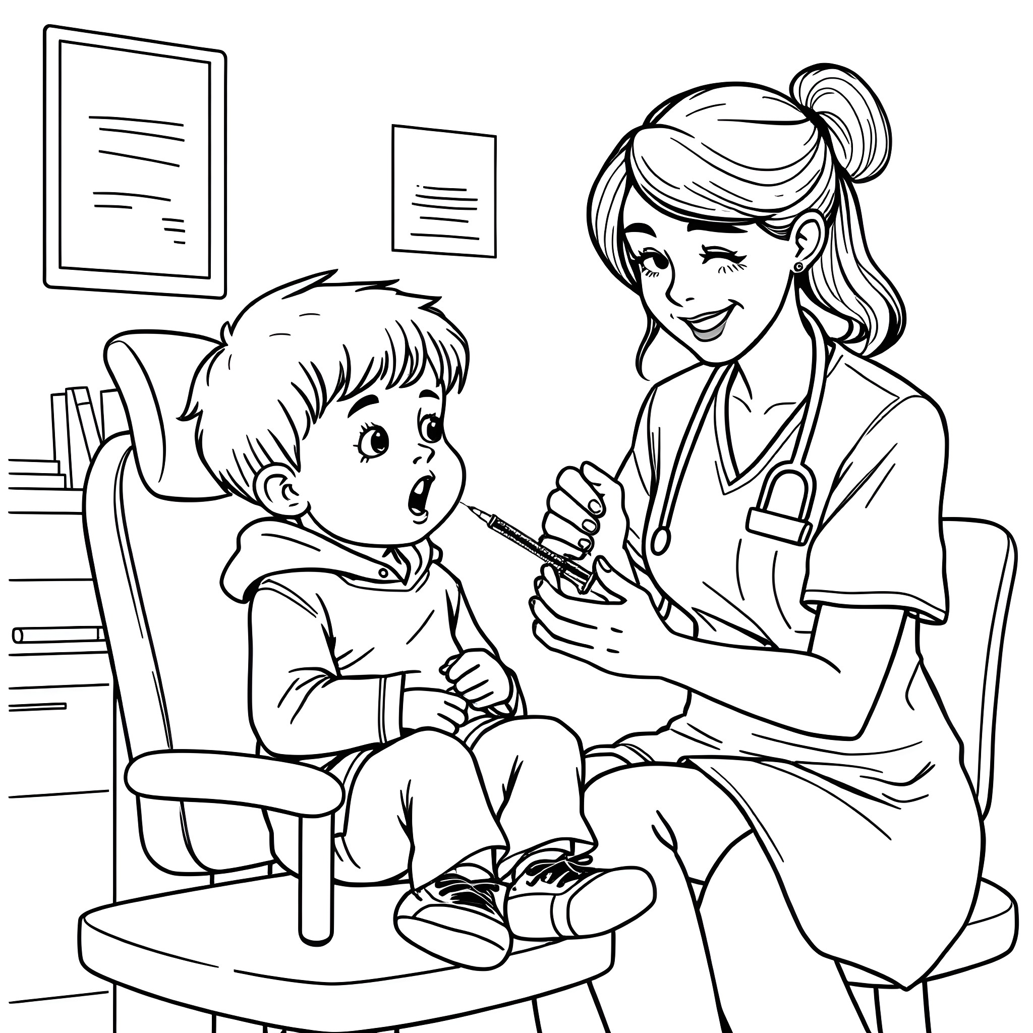Kid receives medical attention from a caring nurse Coloring Page (free black-and-white line drawing printable PDF for all, from beginners to advanced learners, including children, teens, adults, and seniors)