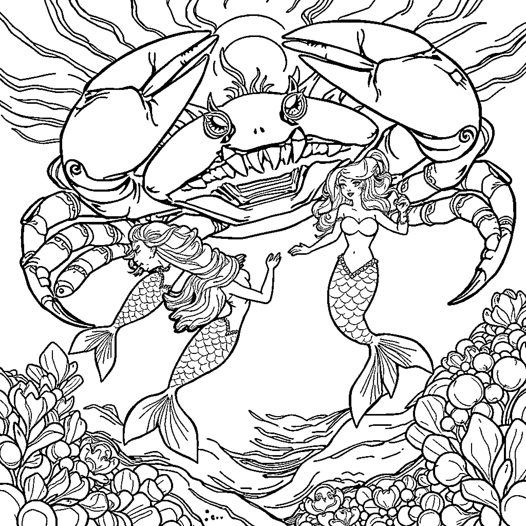 Siren and Mythical Sea Creatures Coloring Page (free black-and-white line drawing printable PDF for all, from beginners to advanced learners, including children, teens, adults, and seniors)