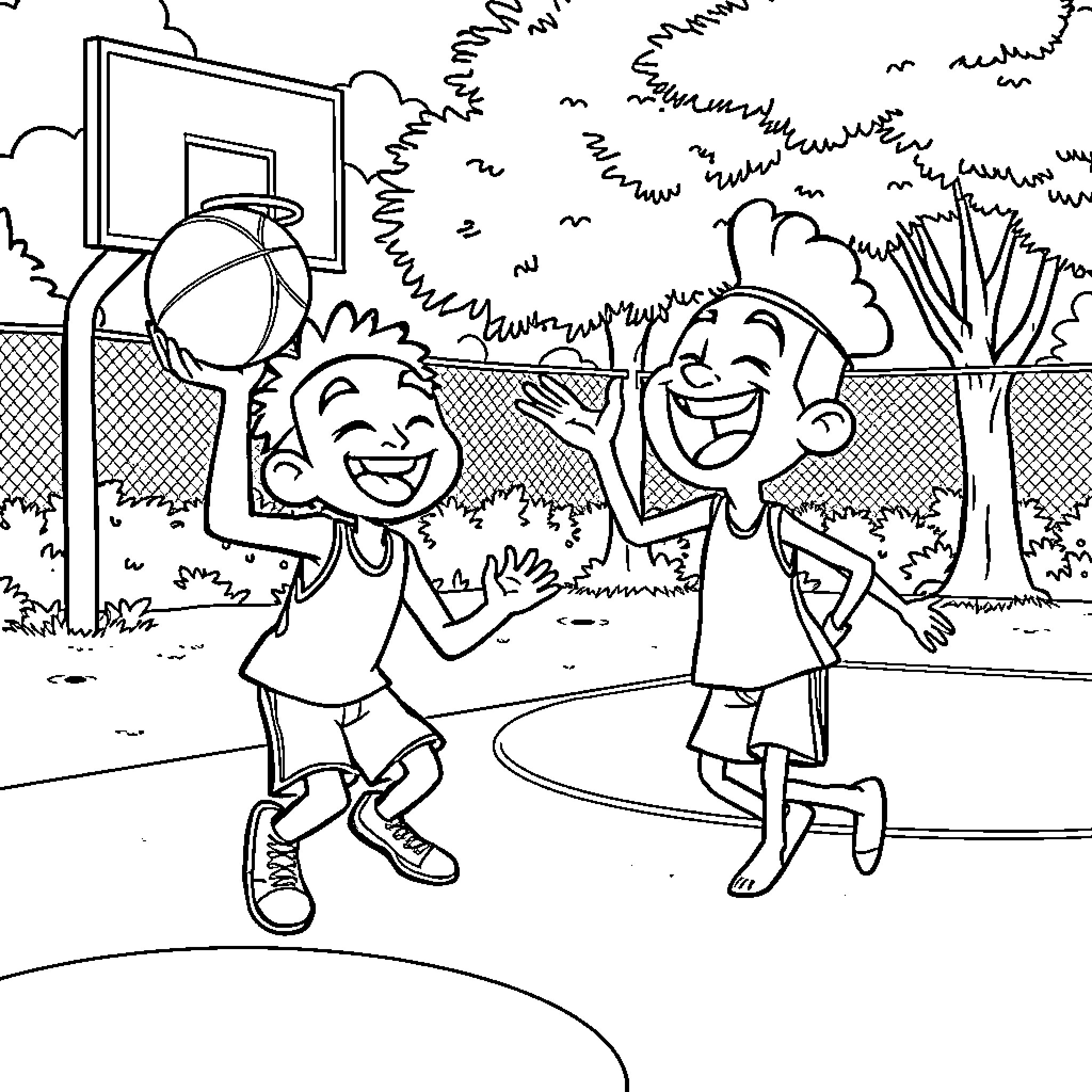 Yugo and Friends Enjoying Basketball on Outdoor Court Coloring Page (free black-and-white line drawing printable PDF for all, from beginners to advanced learners, including children, teens, adults, and seniors)