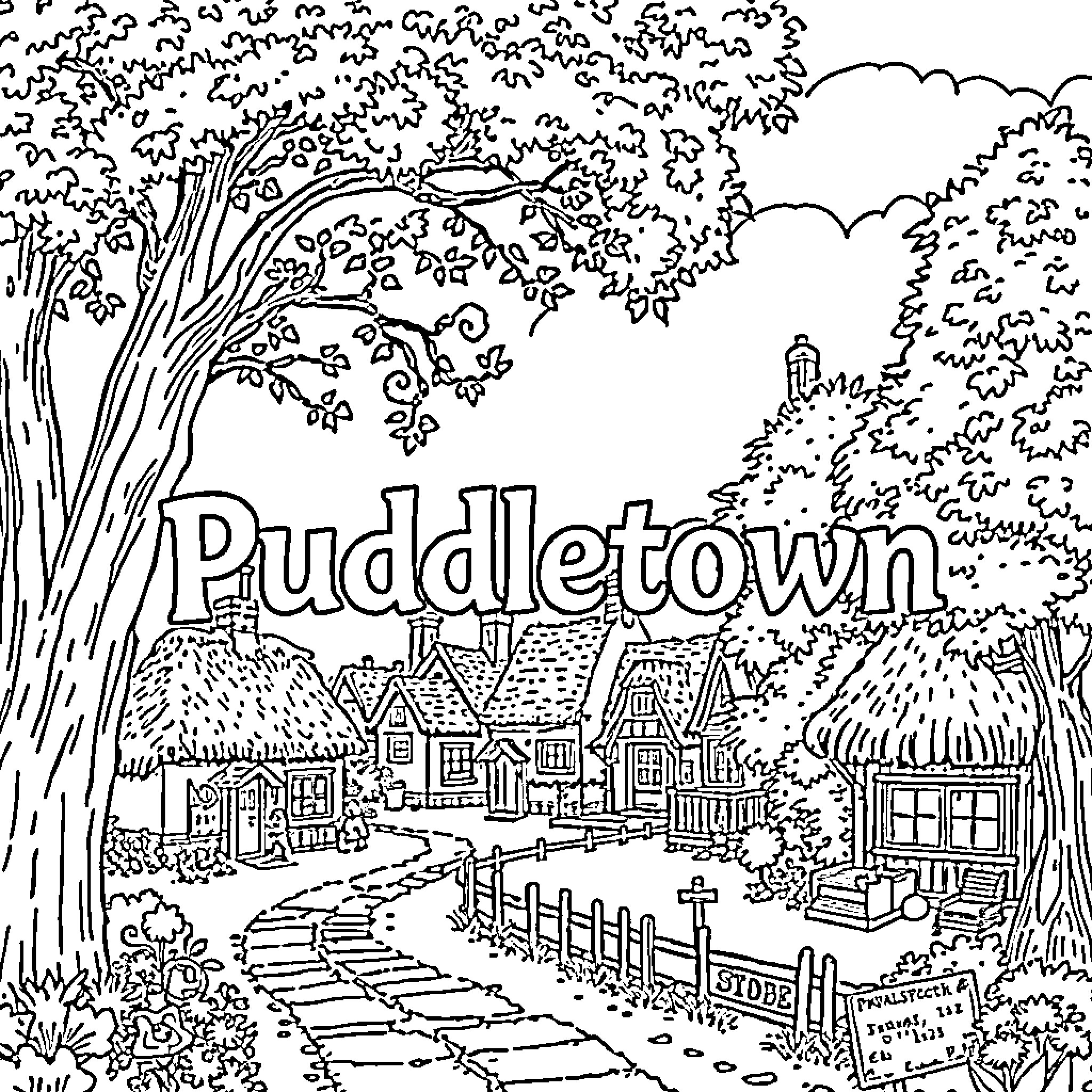Puddletown - A whimsical town scene with buildings and trees Coloring Page (free black-and-white line drawing printable PDF for all, from beginners to advanced learners, including children, teens, adults, and seniors)