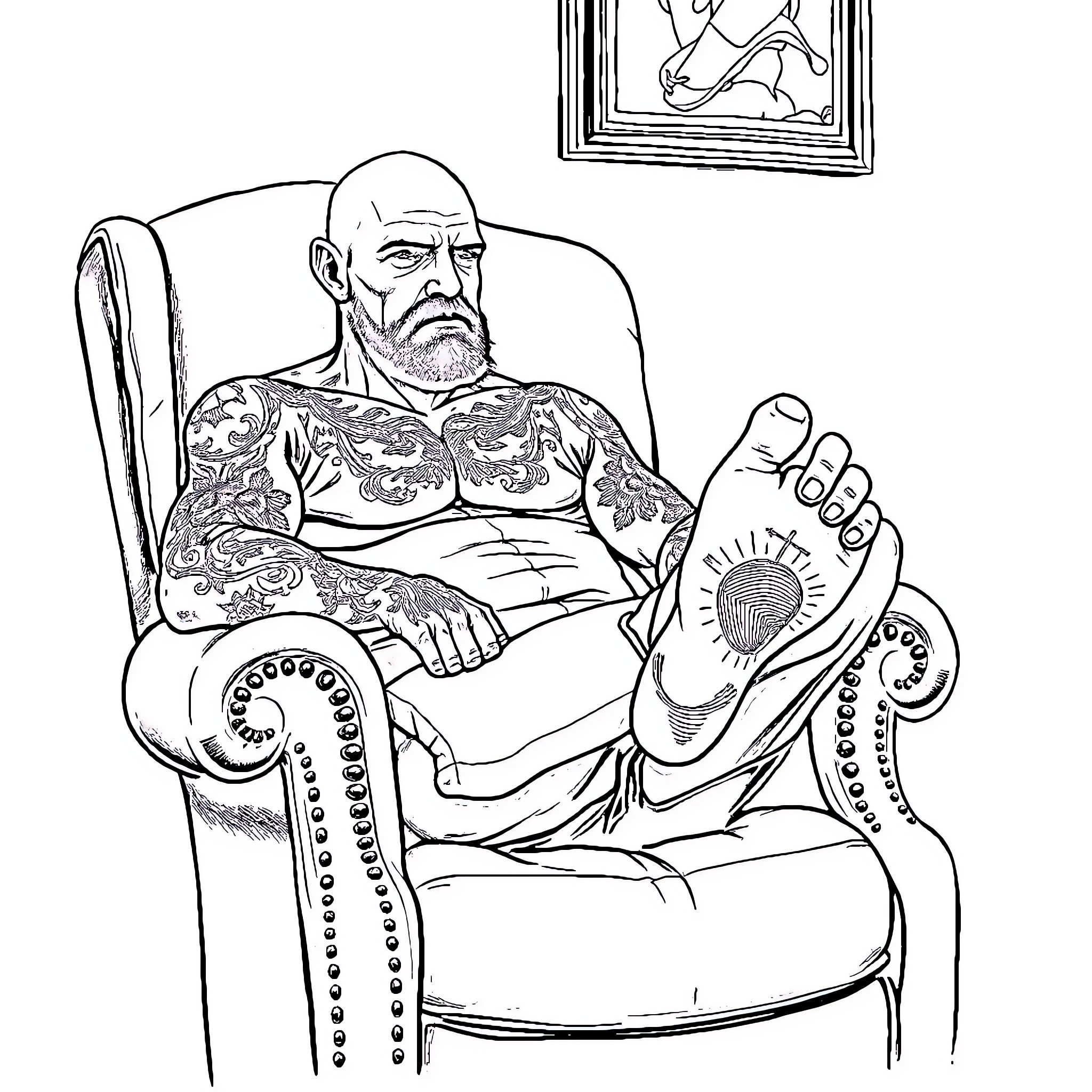 Man covered in tattoos sitting in armchair Coloring Page (free black-and-white line drawing printable PDF for all, from beginners to advanced learners, including children, teens, adults, and seniors)