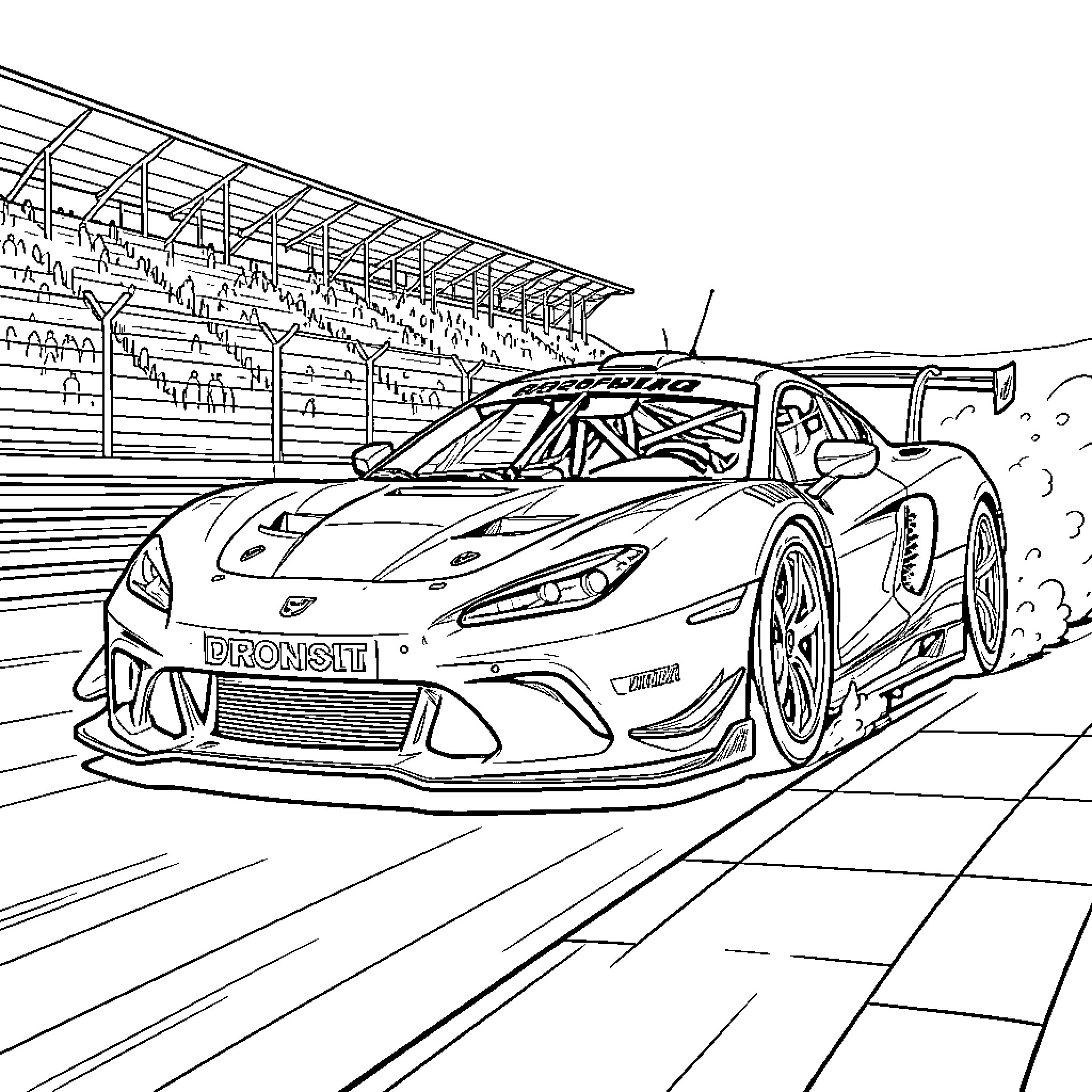 Auto Racing on Track with Grandstand Coloring Page (free black-and-white line drawing printable PDF for all, from beginners to advanced learners, including children, teens, adults, and seniors)