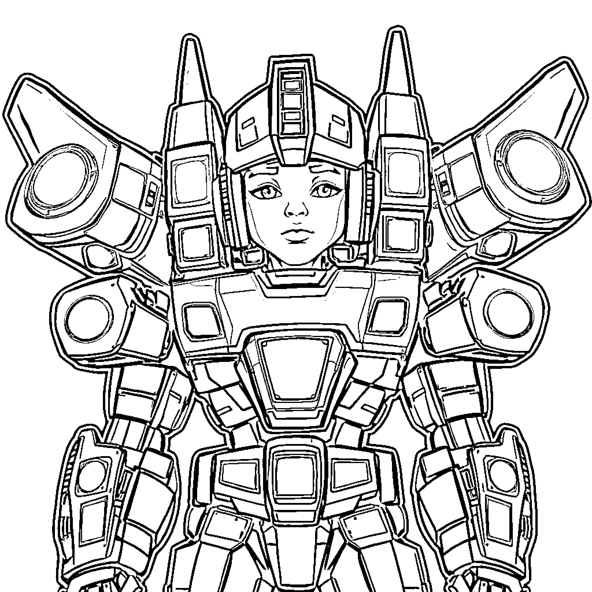Boy in futuristic mech suit Coloring Page (free black-and-white line drawing printable PDF for all, from beginners to advanced learners, including children, teens, adults, and seniors)