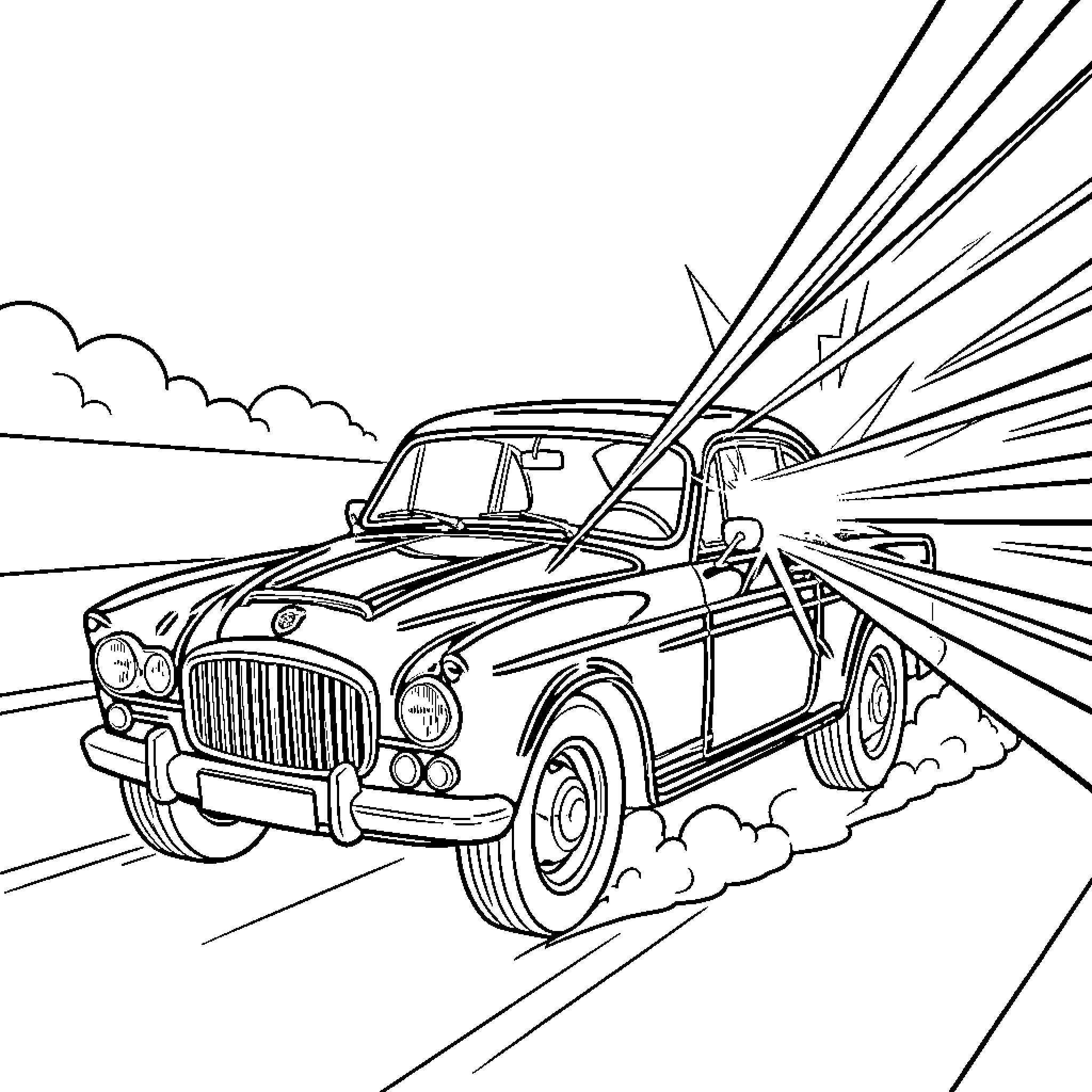 Car speeding down the road in a dramatic scene Coloring Page (free black-and-white line drawing printable PDF for all, from beginners to advanced learners, including children, teens, adults, and seniors)