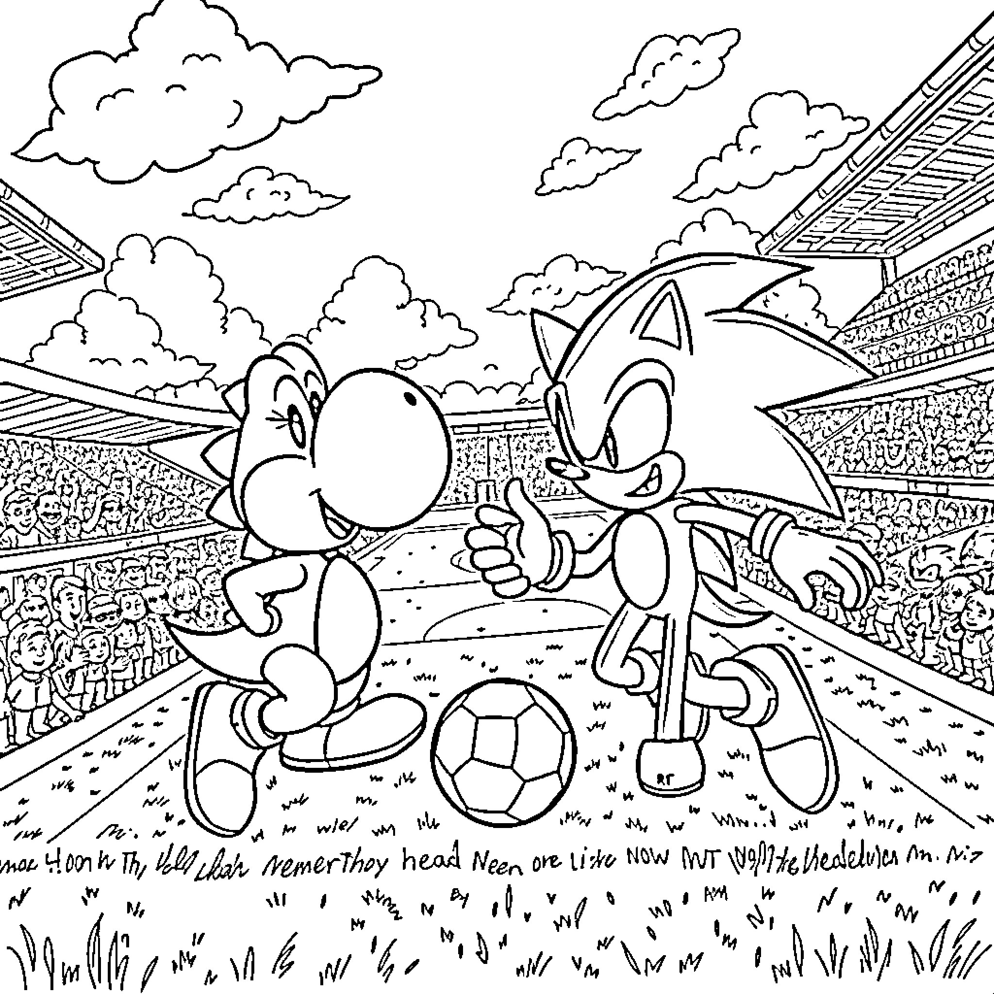 Yoshi and Sonic Playing Soccer in the Stadium Coloring Page (free black-and-white line drawing printable PDF for all, from beginners to advanced learners, including children, teens, adults, and seniors)