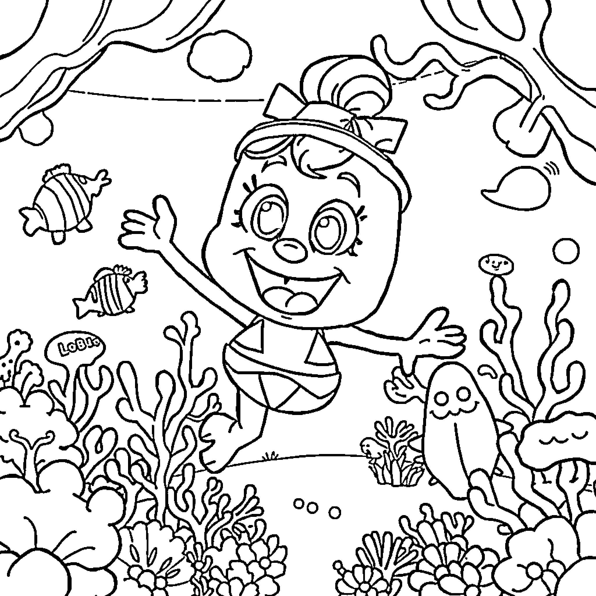 Labubu explores the magical underwater world Coloring Page (free black-and-white line drawing printable PDF for all, from beginners to advanced learners, including children, teens, adults, and seniors)