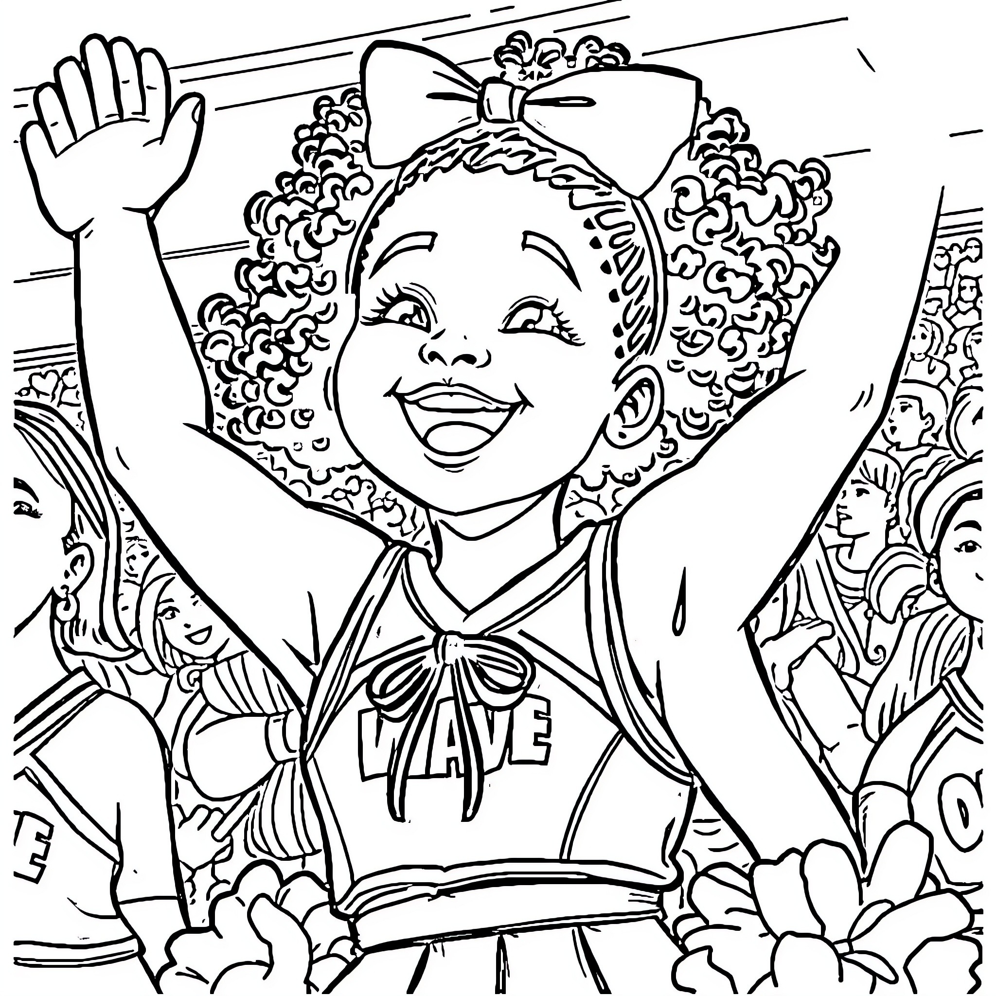 Girl cheerfully waving with curly hair and bow Coloring Page (free black-and-white line drawing printable PDF for all, from beginners to advanced learners, including children, teens, adults, and seniors)