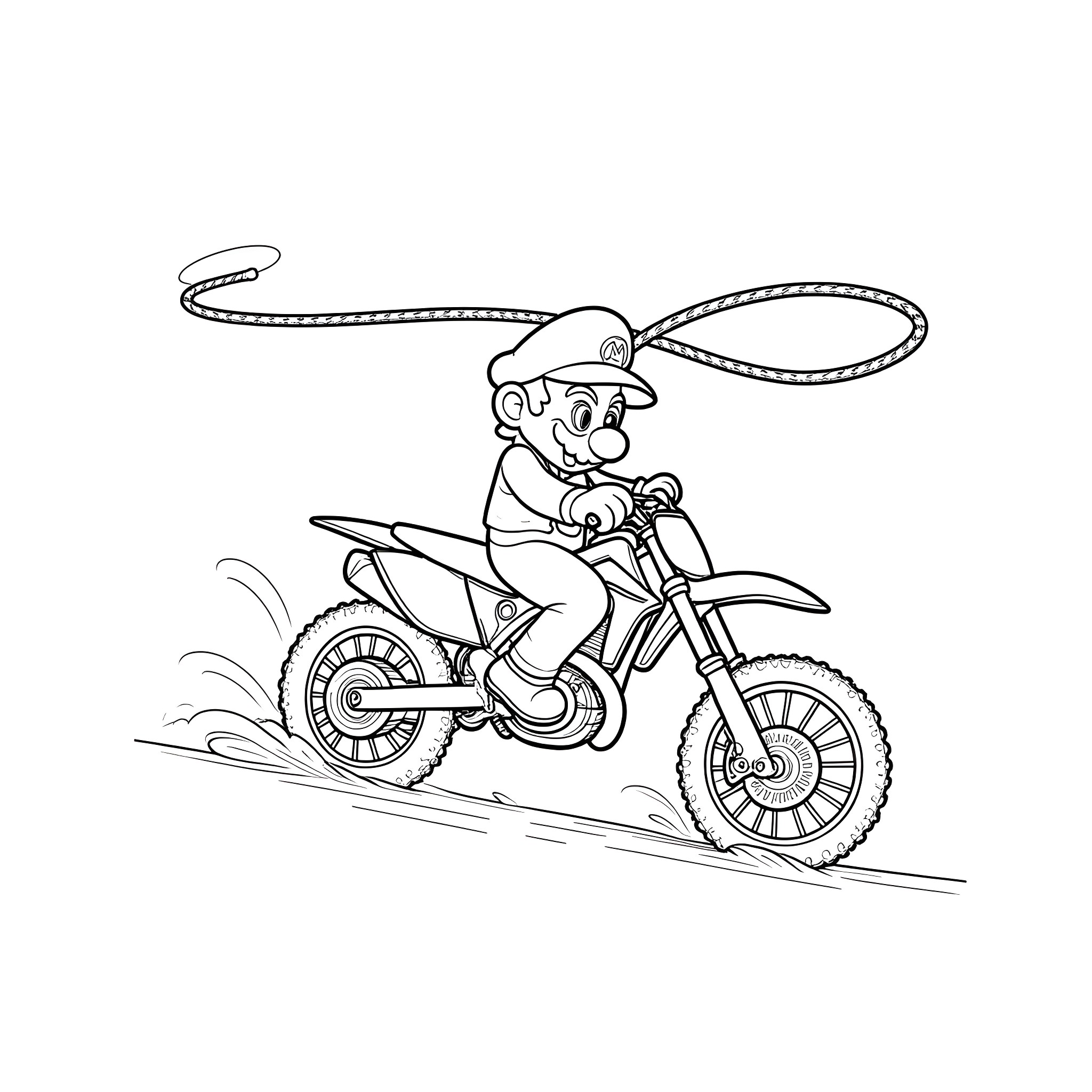 Mario riding a dirt bike with a rope Coloring Page (free black-and-white line drawing printable PDF for all, from beginners to advanced learners, including children, teens, adults, and seniors)