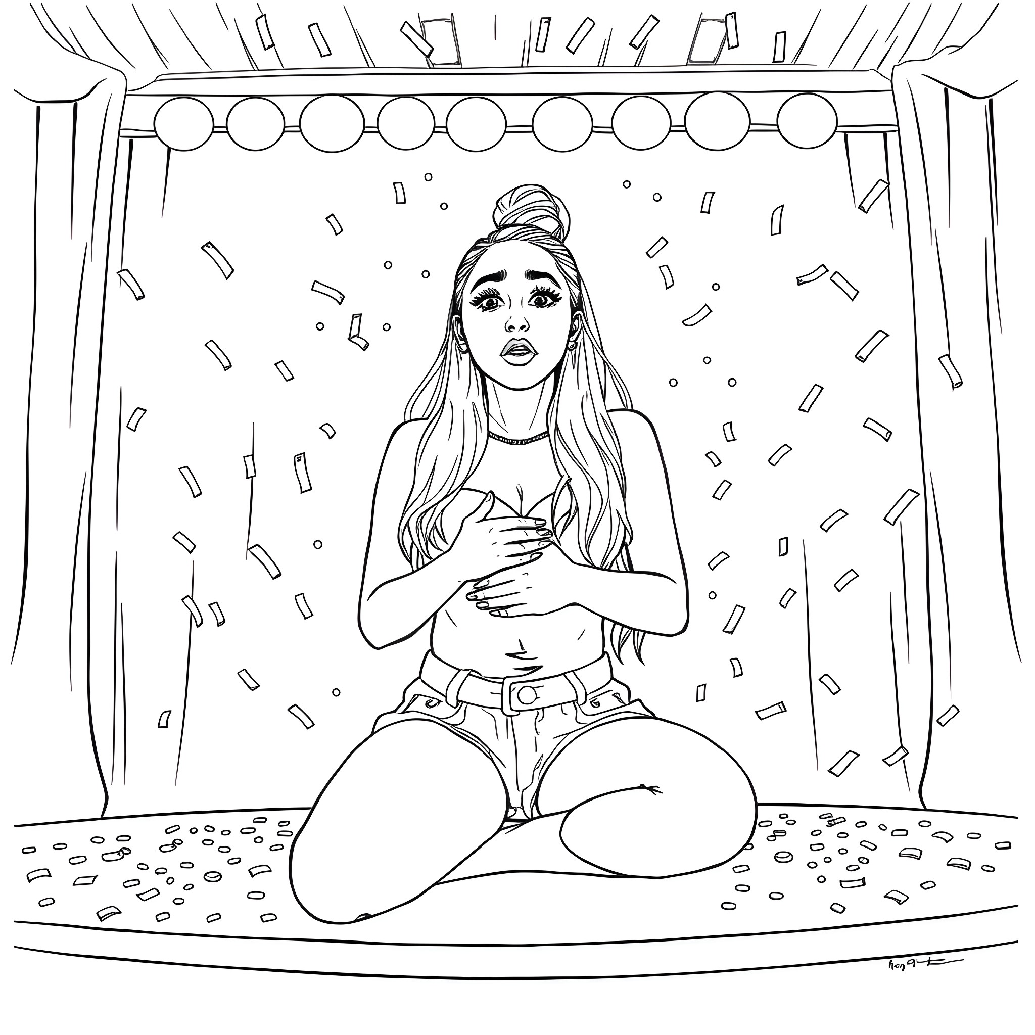Ariana Grande performing on stage with confetti Coloring Page (free black-and-white line drawing printable PDF for all, from beginners to advanced learners, including children, teens, adults, and seniors)