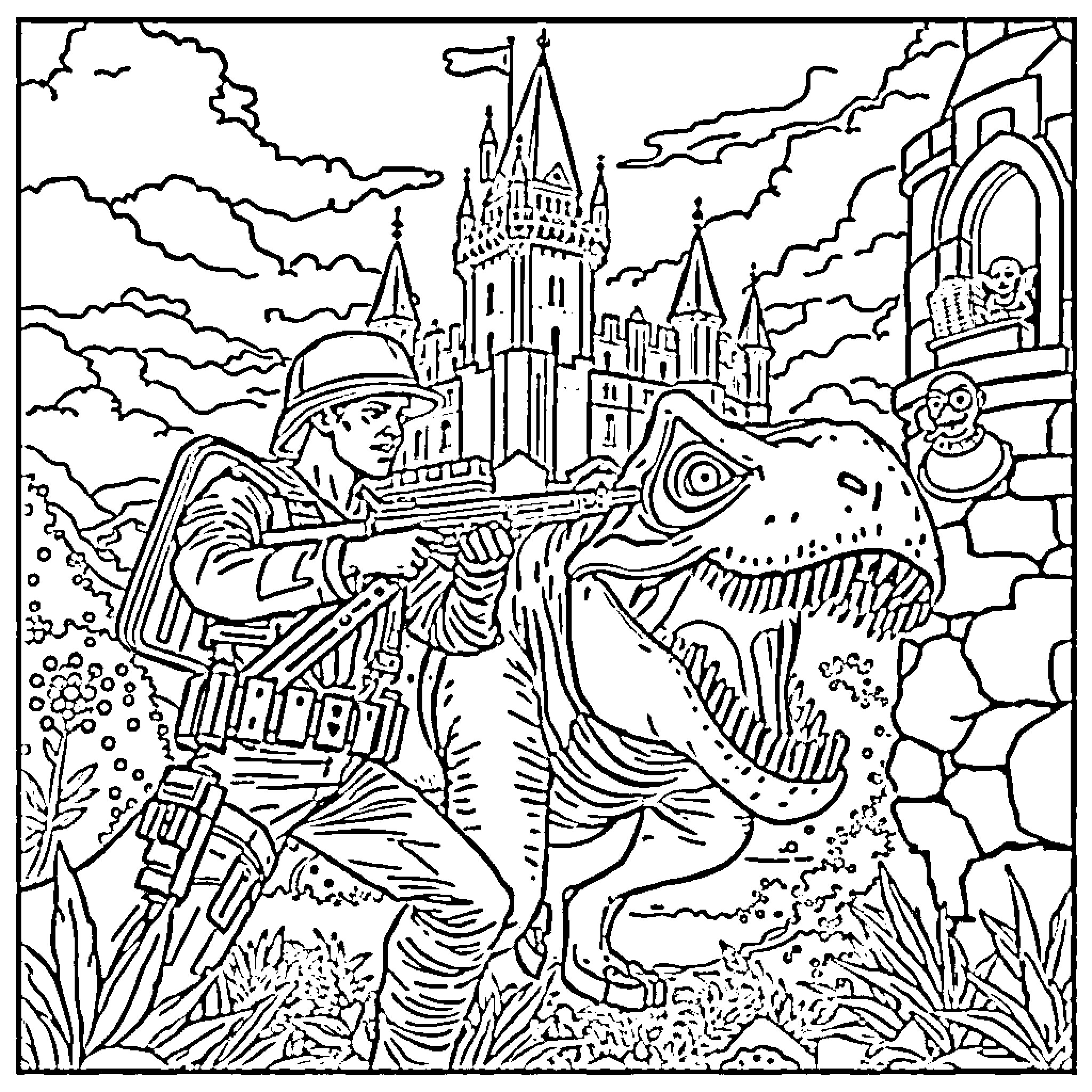 G.I. Joe Battles Giant Dinosaur in Fantasy Castle Landscape Coloring Page (free black-and-white line drawing printable PDF for all, from beginners to advanced learners, including children, teens, adults, and seniors)