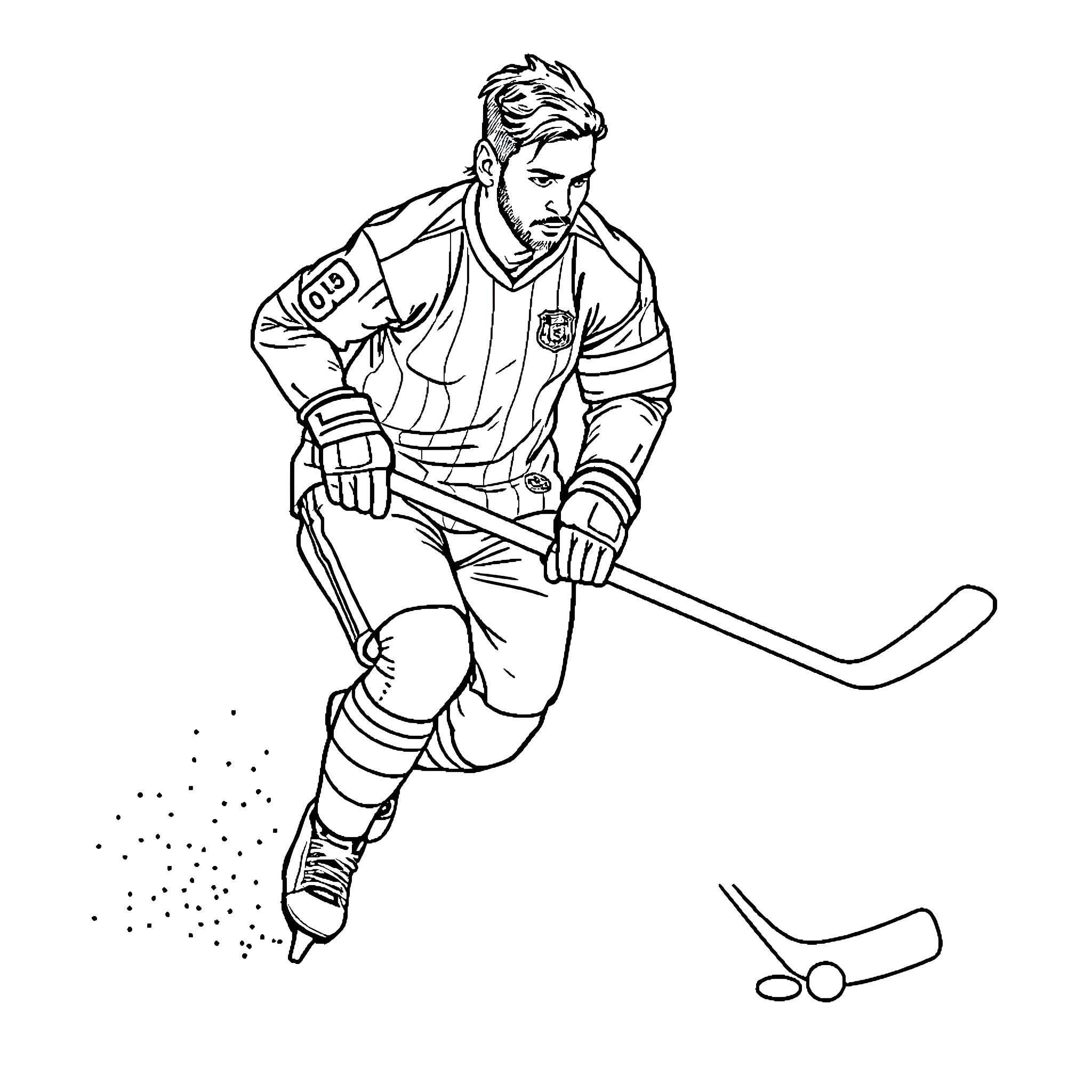 Messi in Hockey Gear Skating on Ice Coloring Page (free black-and-white line drawing printable PDF for all, from beginners to advanced learners, including children, teens, adults, and seniors)