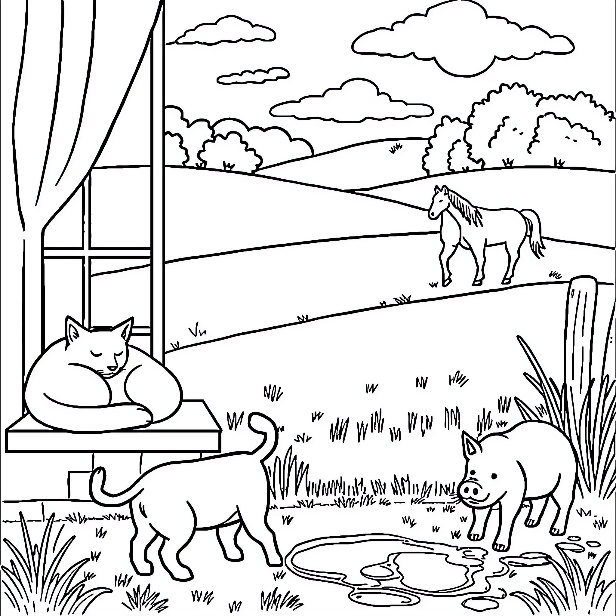 Animal friends in a peaceful countryside setting Coloring Page (free black-and-white line drawing printable PDF for all, from beginners to advanced learners, including children, teens, adults, and seniors)