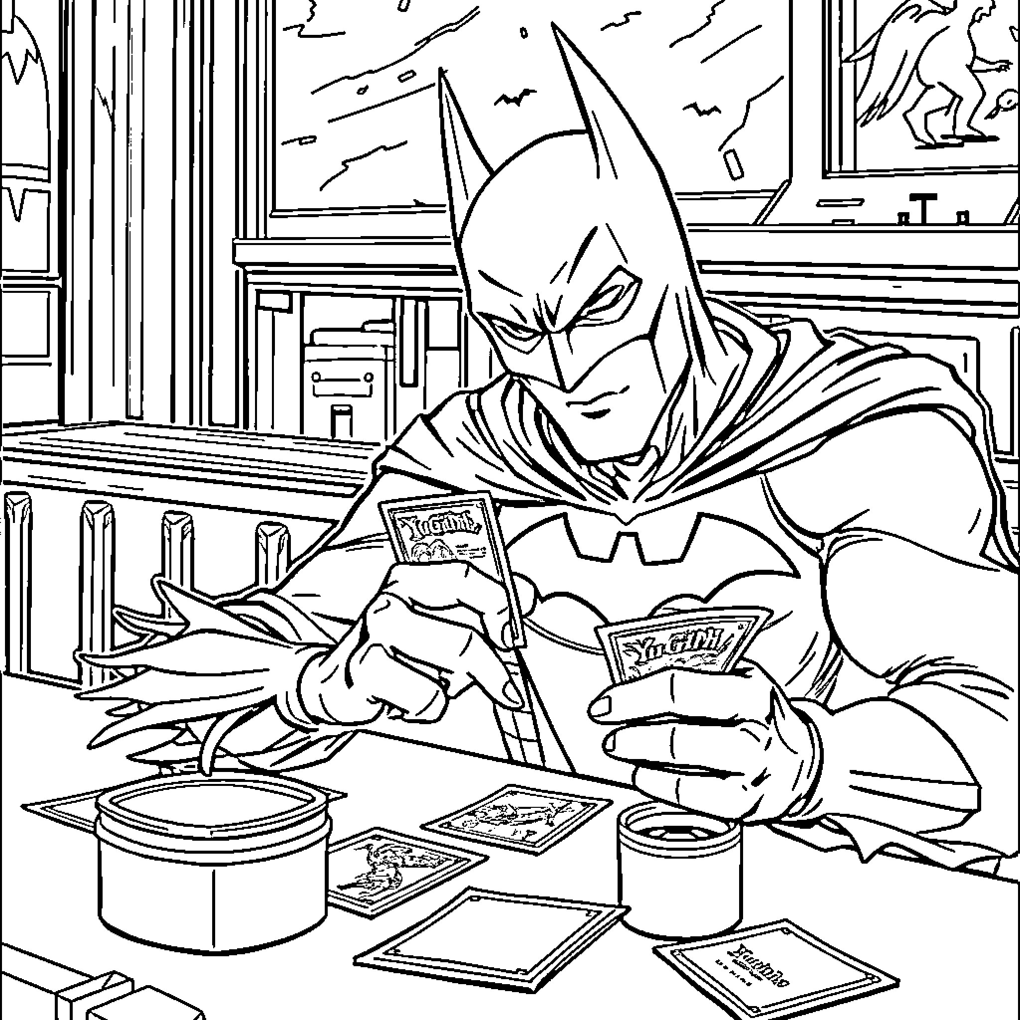 Batman reading comics in his study Coloring Page (free black-and-white line drawing printable PDF for all, from beginners to advanced learners, including children, teens, adults, and seniors)