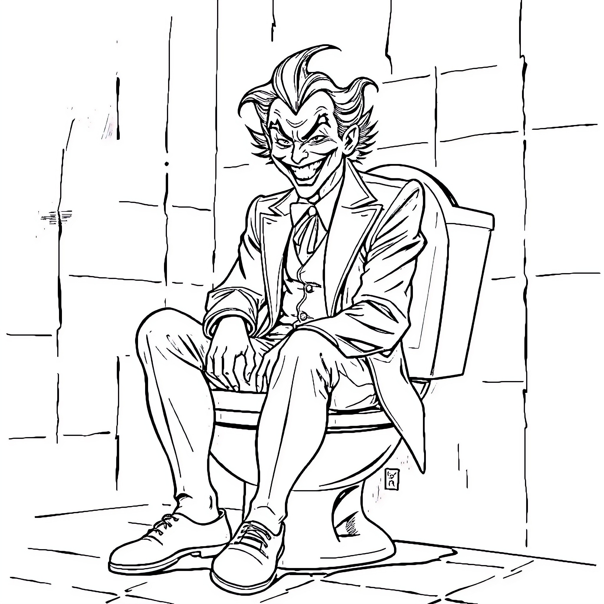 Joker's Mischievous Grin: A Villainous Delight Coloring Page (free black-and-white line drawing printable PDF for all, from beginners to advanced learners, including children, teens, adults, and seniors)