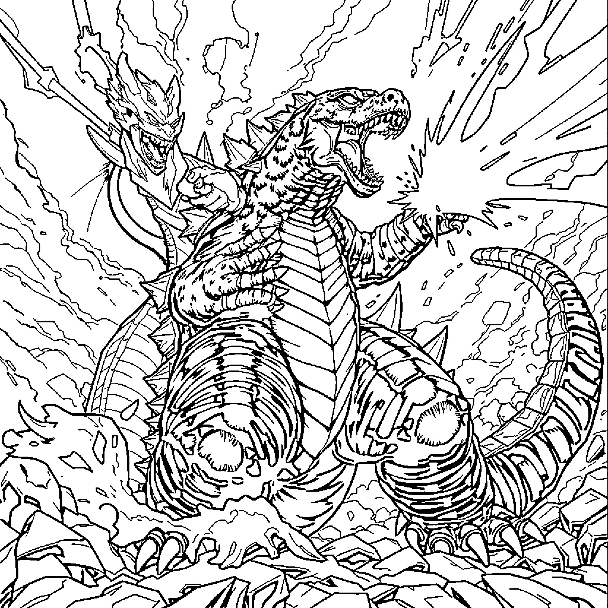 Godzilla unleashing its monstrous power in destruction Coloring Page (free black-and-white line drawing printable PDF for all, from beginners to advanced learners, including children, teens, adults, and seniors)
