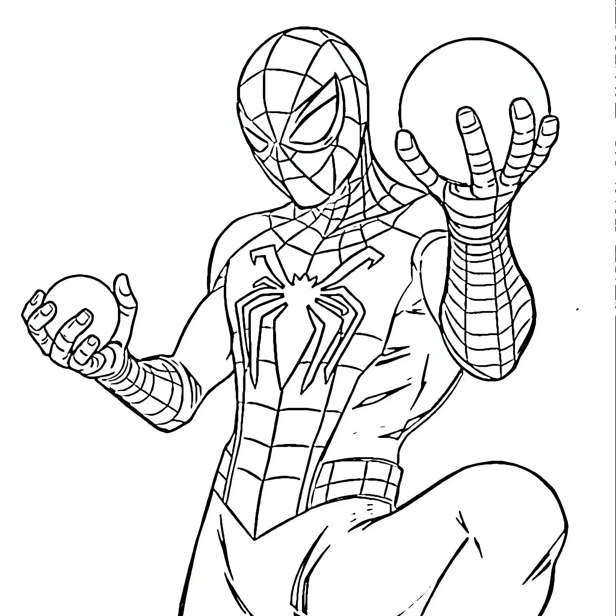 Spiderman in action poses with web shooters Coloring Page (free black-and-white line drawing printable PDF for all, from beginners to advanced learners, including children, teens, adults, and seniors)