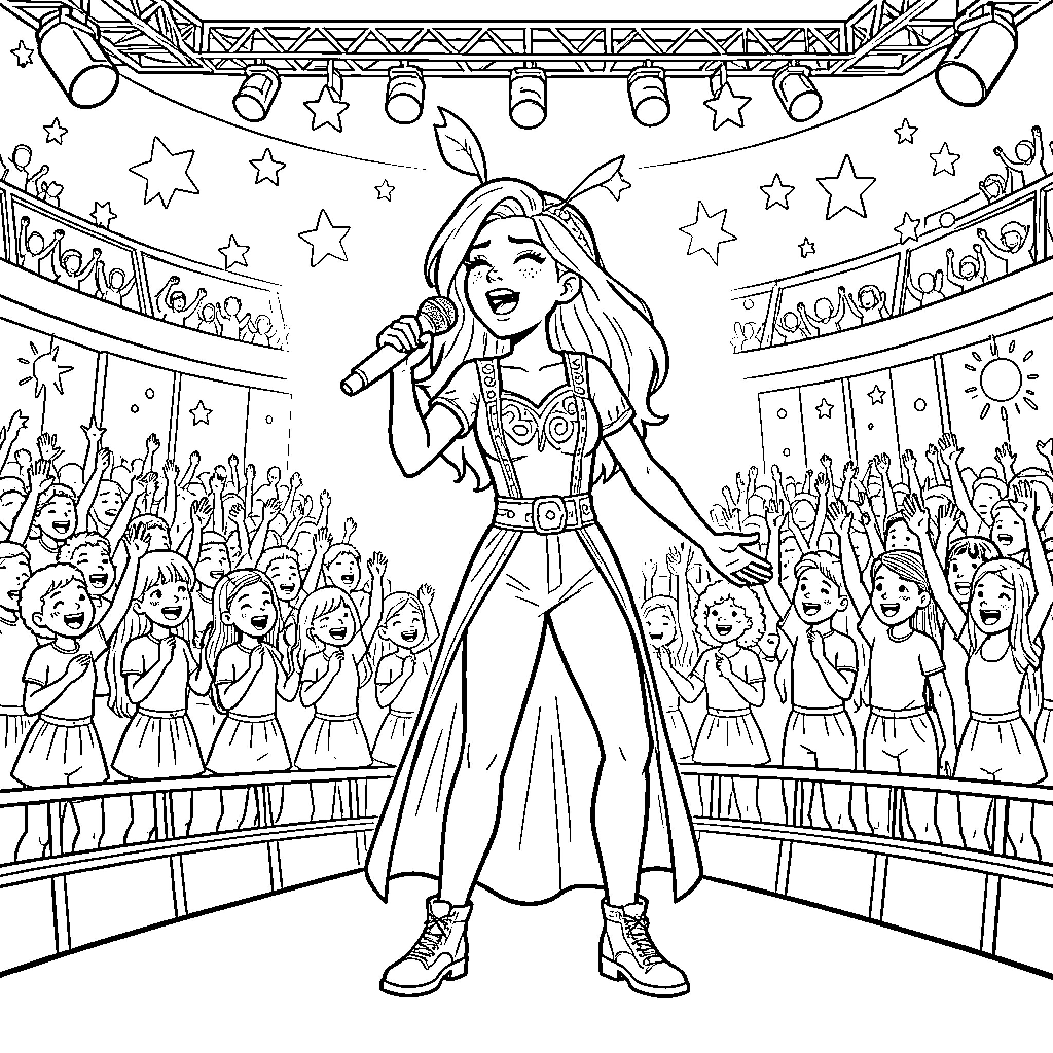 Freya Skye performing energetically on stage for a crowd Coloring Page (free black-and-white line drawing printable PDF for all, from beginners to advanced learners, including children, teens, adults, and seniors)