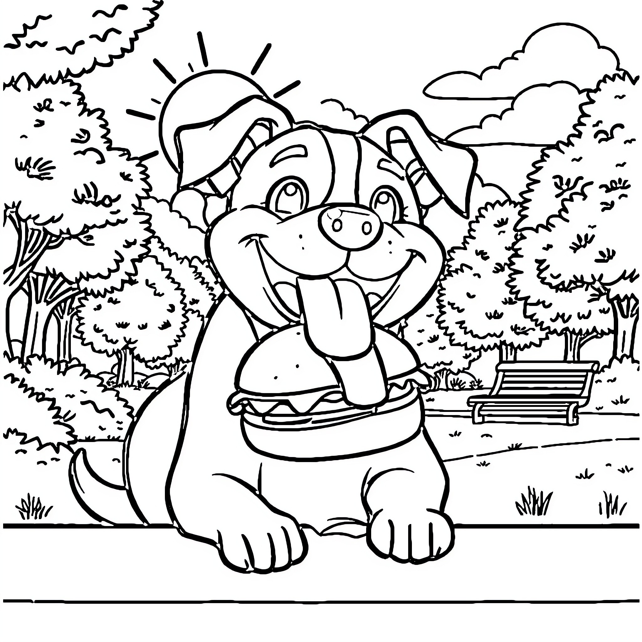 Dog enjoying the sunny day in the park Coloring Page (free black-and-white line drawing printable PDF for all, from beginners to advanced learners, including children, teens, adults, and seniors)