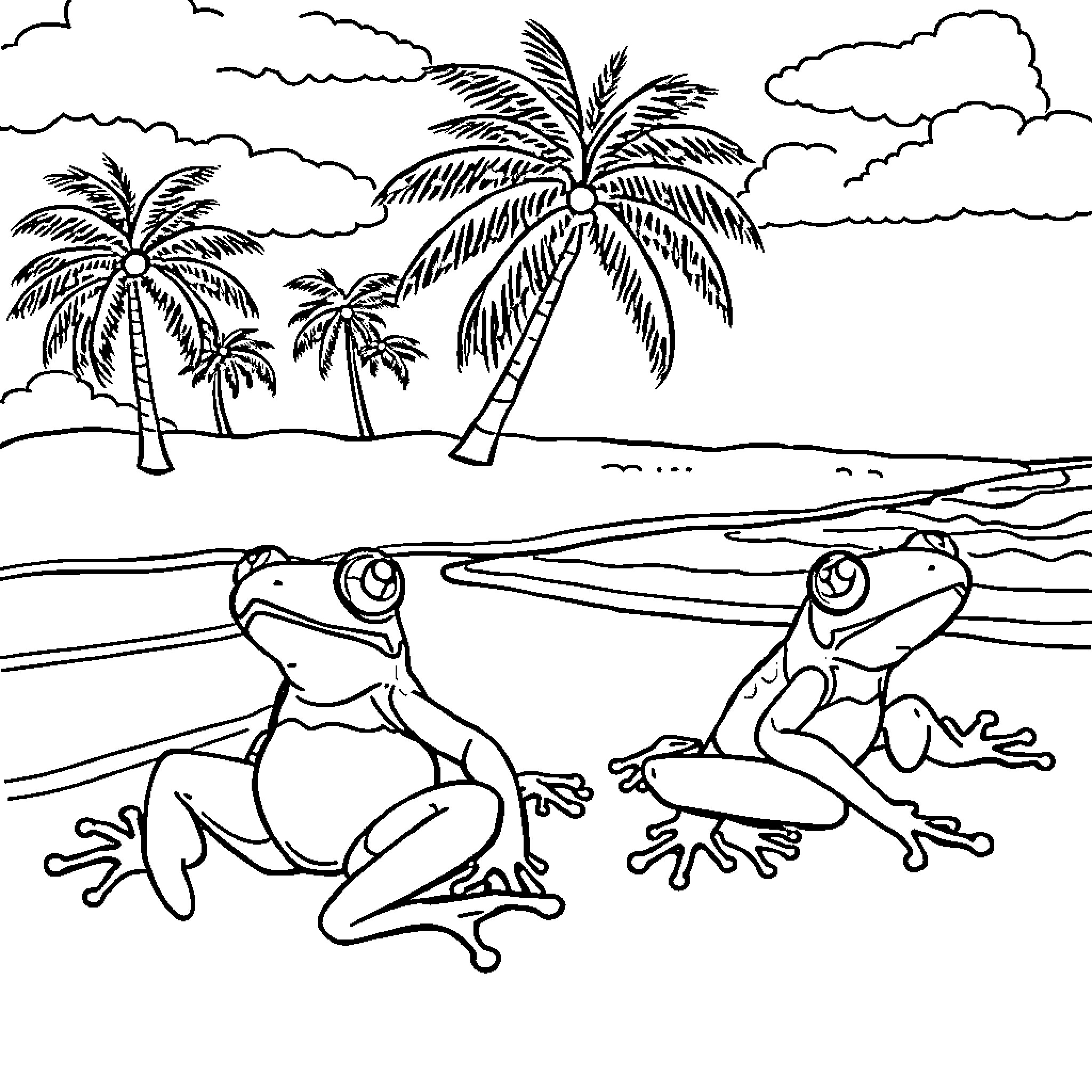 Dart Frogs on a Tropical Beach Coloring Page (free black-and-white line drawing printable PDF for all, from beginners to advanced learners, including children, teens, adults, and seniors)