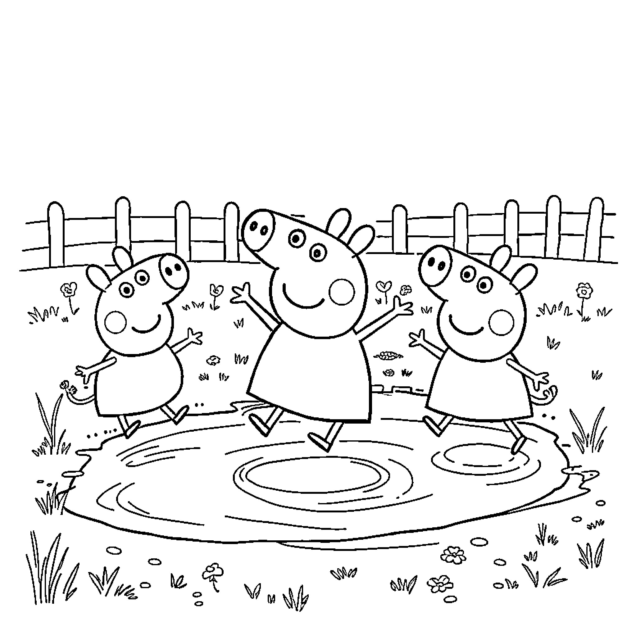Peppa Pig and family playing happily in the mud Coloring Page (free black-and-white line drawing printable PDF for all, from beginners to advanced learners, including children, teens, adults, and seniors)