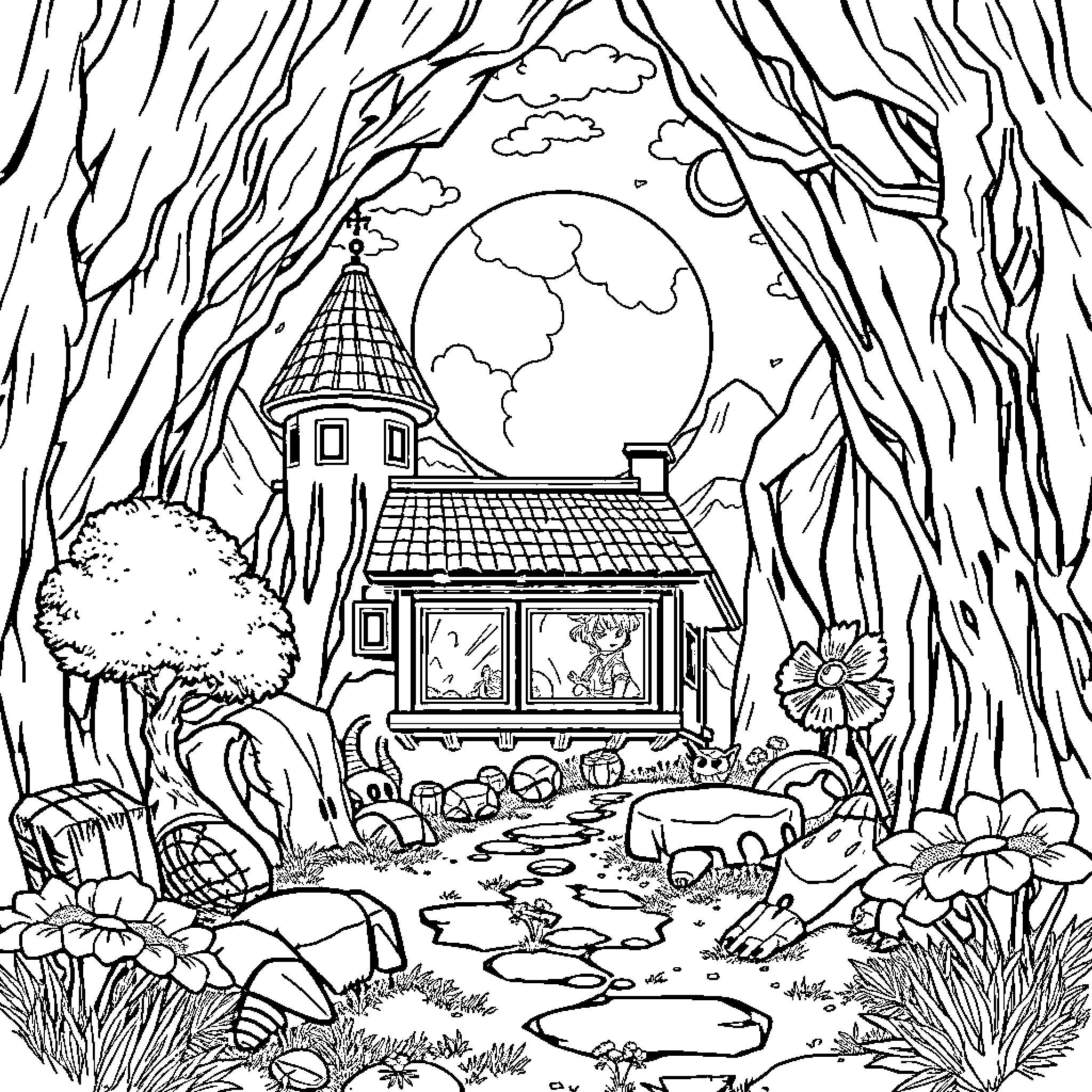 Марио в чудесном лесном домике Coloring Page (free black-and-white line drawing printable PDF for all, from beginners to advanced learners, including children, teens, adults, and seniors)