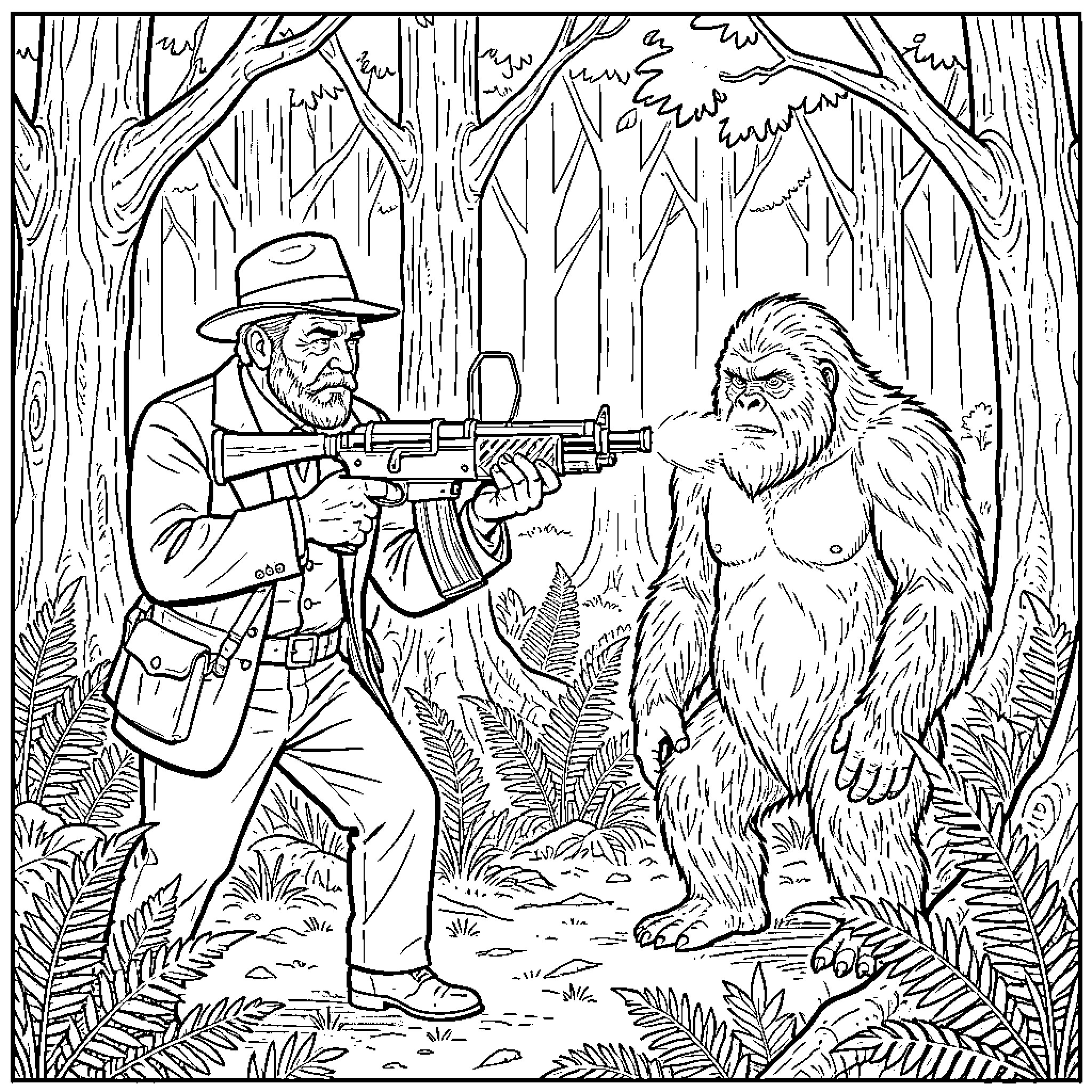 Teddy Roosevelt aiming a rifle at a large creature Coloring Page (free black-and-white line drawing printable PDF for all, from beginners to advanced learners, including children, teens, adults, and seniors)