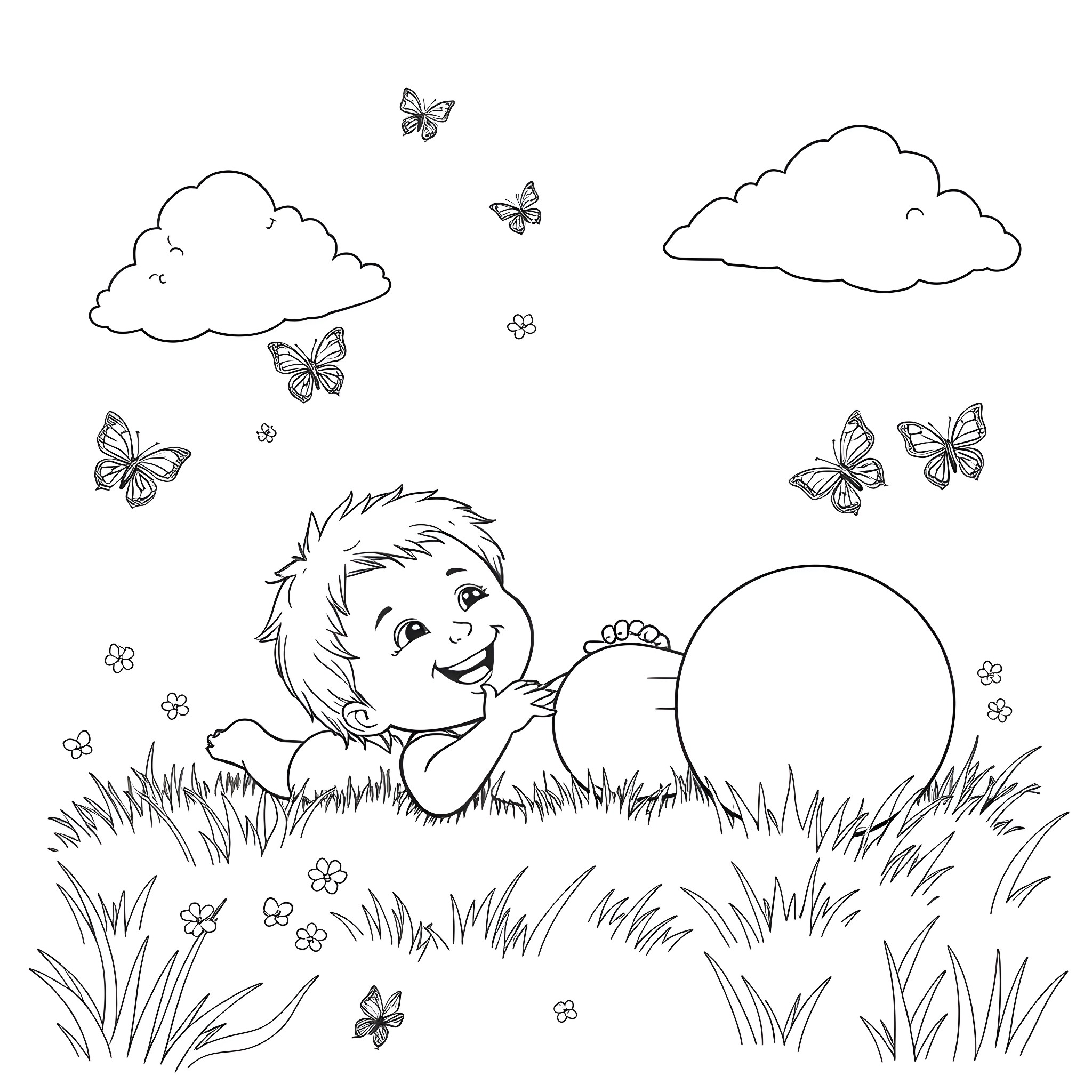 Child playing happily in the grass with butterflies Coloring Page (free black-and-white line drawing printable PDF for all, from beginners to advanced learners, including children, teens, adults, and seniors)