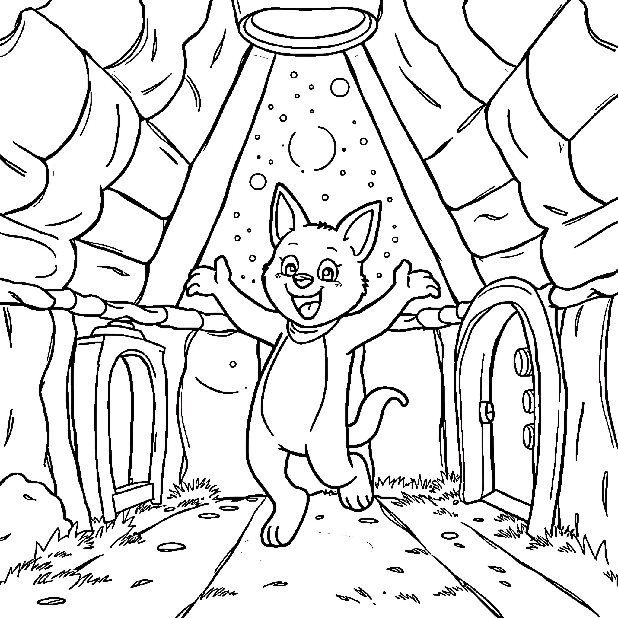 Jonesy the Curious Cat Explores the Enchanted Forest Coloring Page (free black-and-white line drawing printable PDF for all, from beginners to advanced learners, including children, teens, adults, and seniors)