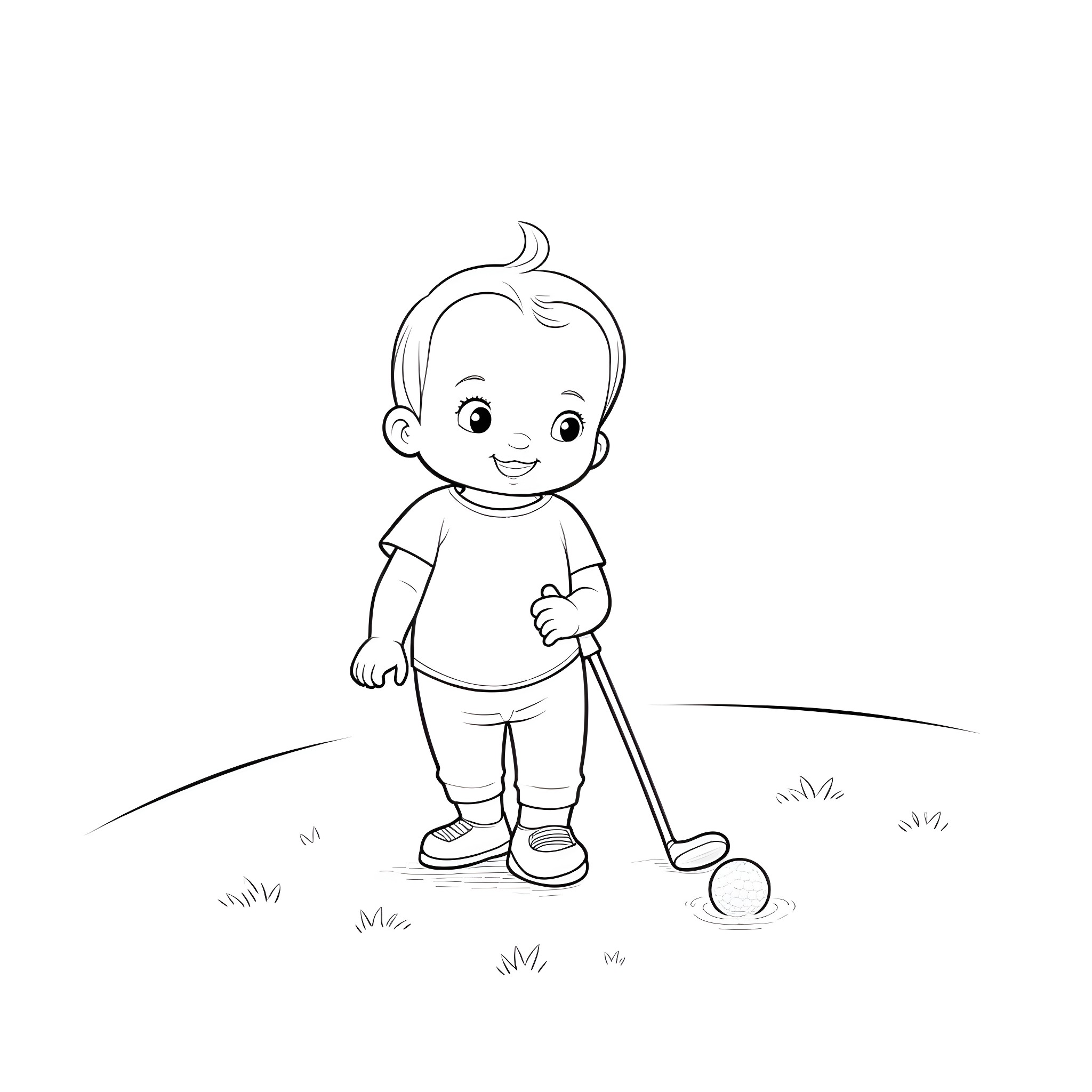 Baby playing cheerfully with garden croquet Coloring Page (free black-and-white line drawing printable PDF for all, from beginners to advanced learners, including children, teens, adults, and seniors)