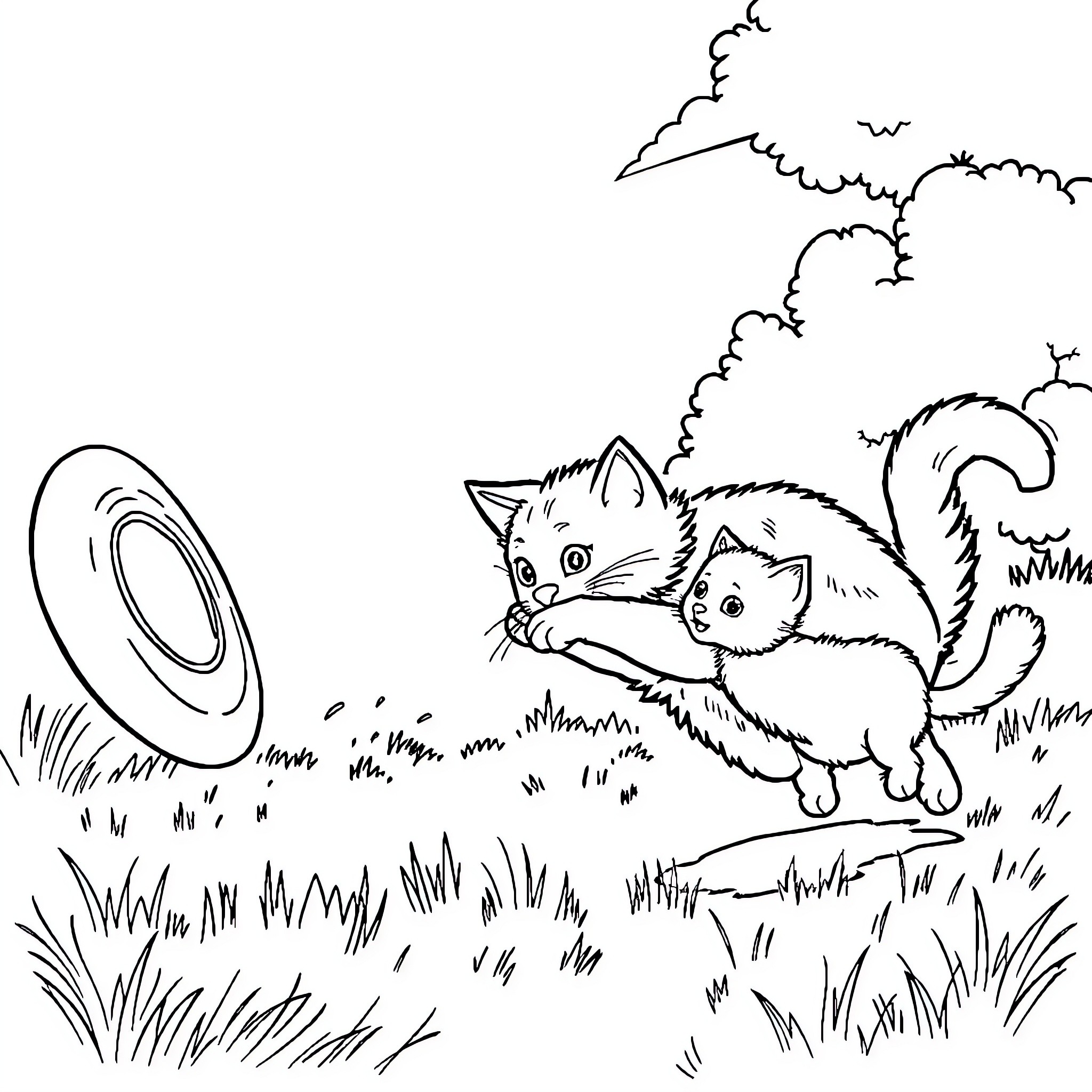 Cats playing with toy in grassy field Coloring Page (free black-and-white line drawing printable PDF for all, from beginners to advanced learners, including children, teens, adults, and seniors)