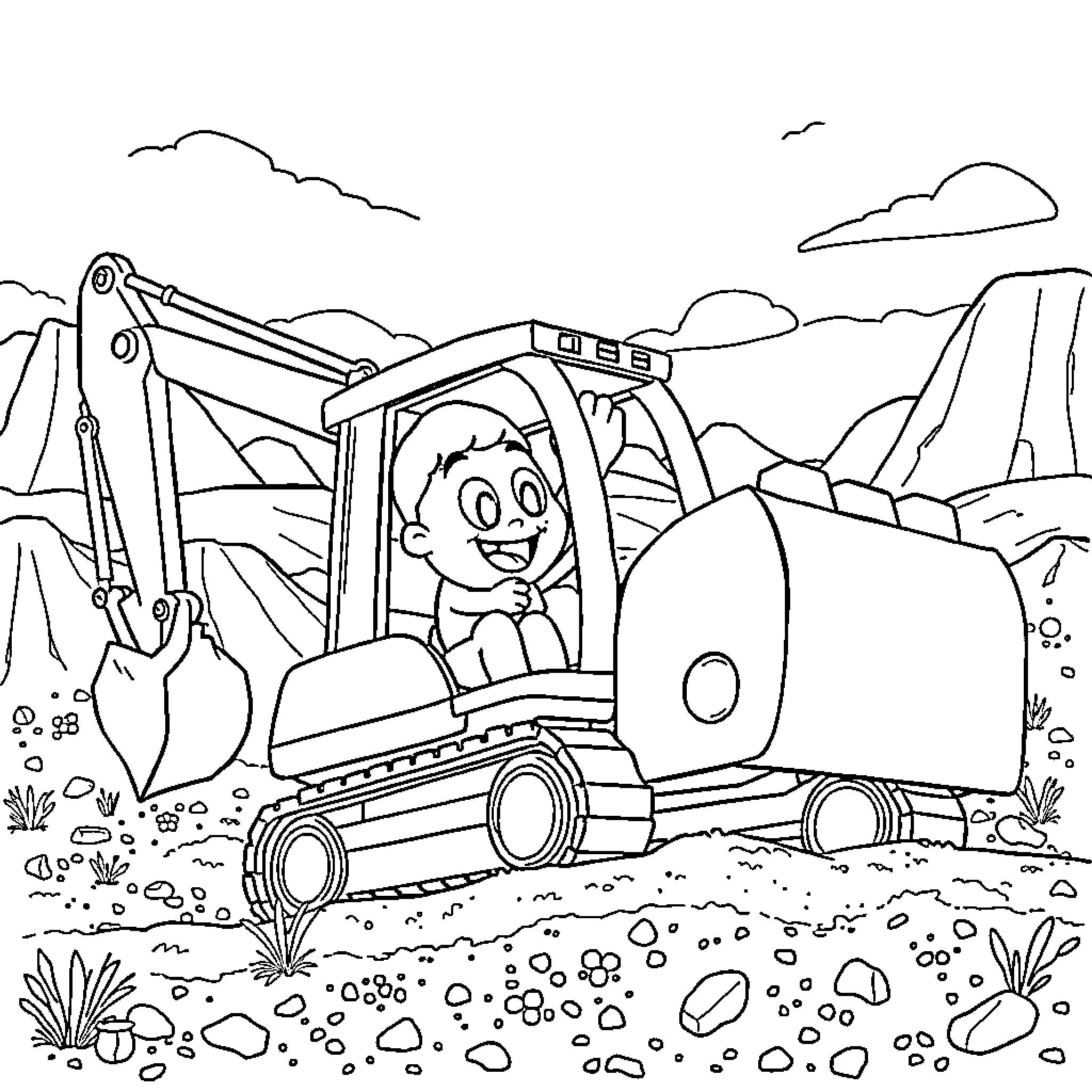 Blippi operating a construction excavator in the wilderness Coloring Page (free black-and-white line drawing printable PDF for all, from beginners to advanced learners, including children, teens, adults, and seniors)